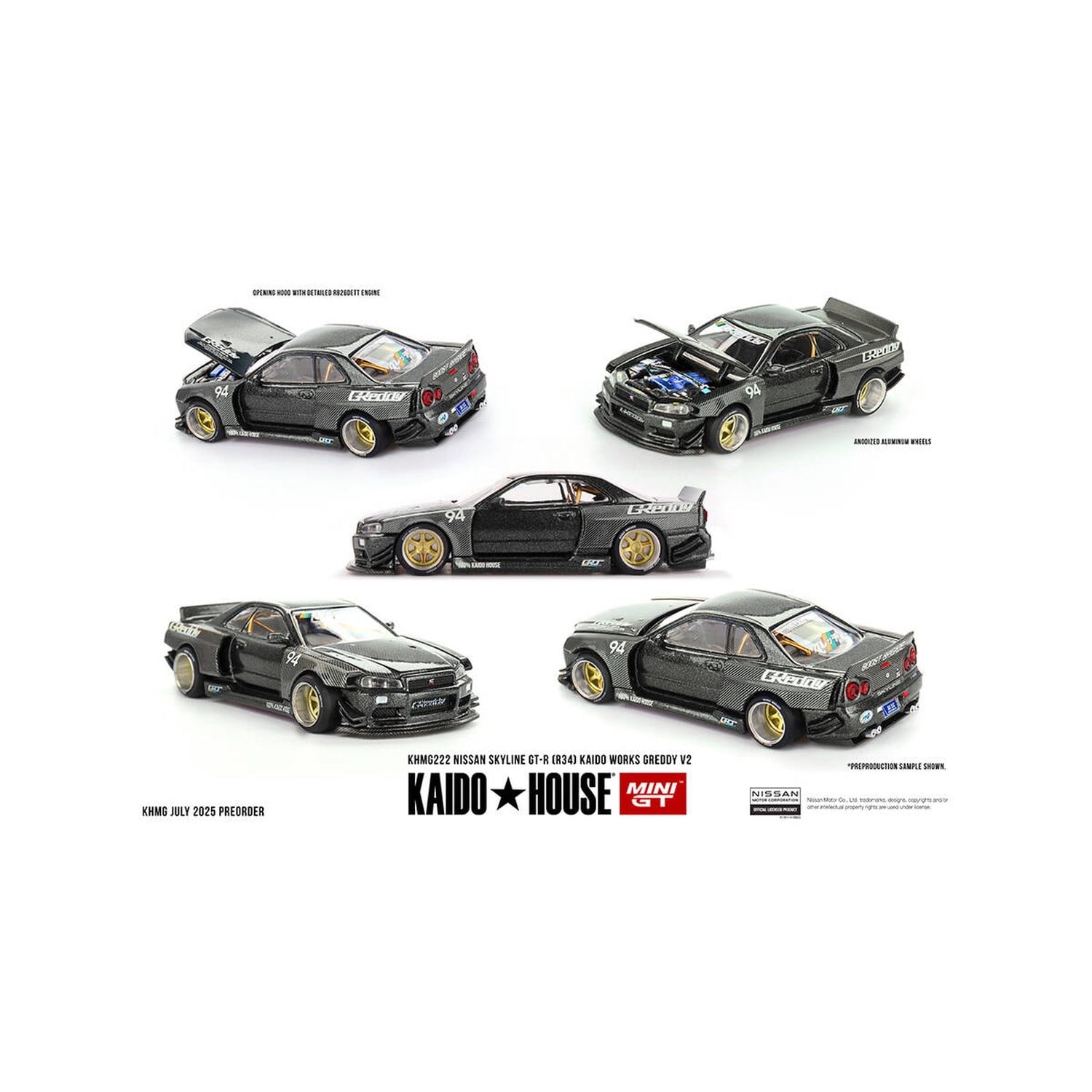 (ÖN SATIŞ) Mini GT 1/64 KaidoHouse Nissan Skyline GT-R (R34) Kaido Works GReddy V2 KHMG222