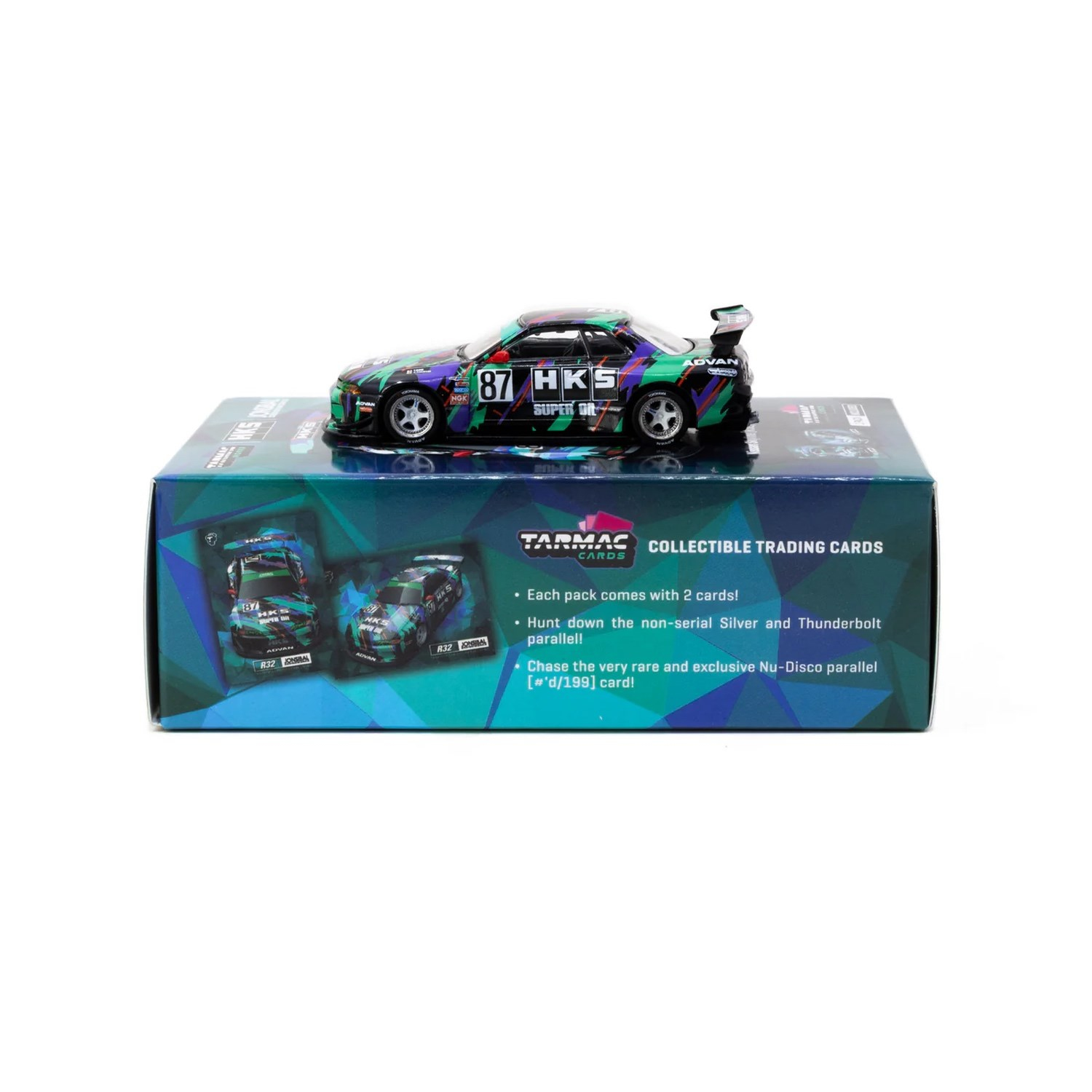 Tarmac Works 1/64 Nissan Skyline (R32) Widebody HKS with Tarmac Cards Combo Set - Designed by Jon Sibal T64G-061-HKS