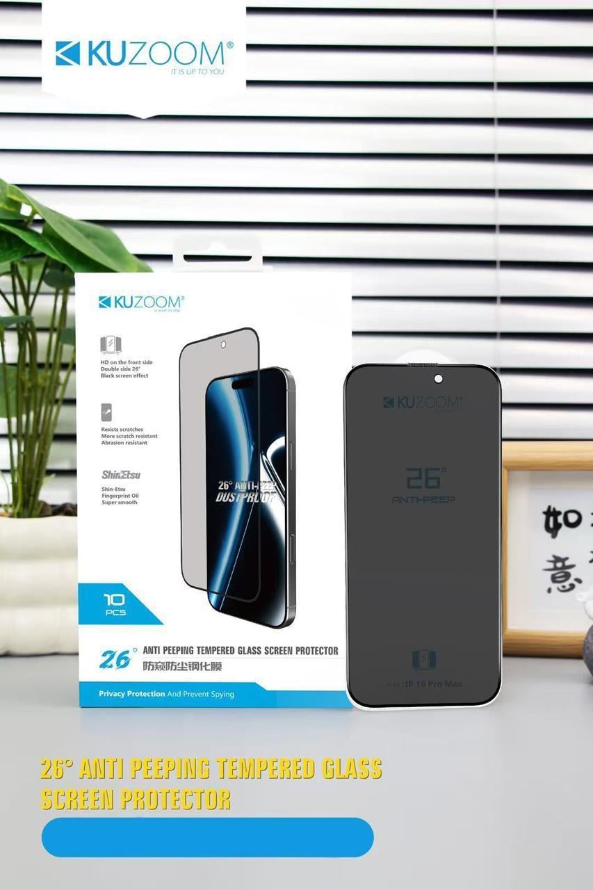 KUZOOM 26° Anti-Peep 10 Adet iPhone 16 /15 / 14 Pro Uyumlu Temperli Hayalet Cam Ekran Koruyucu