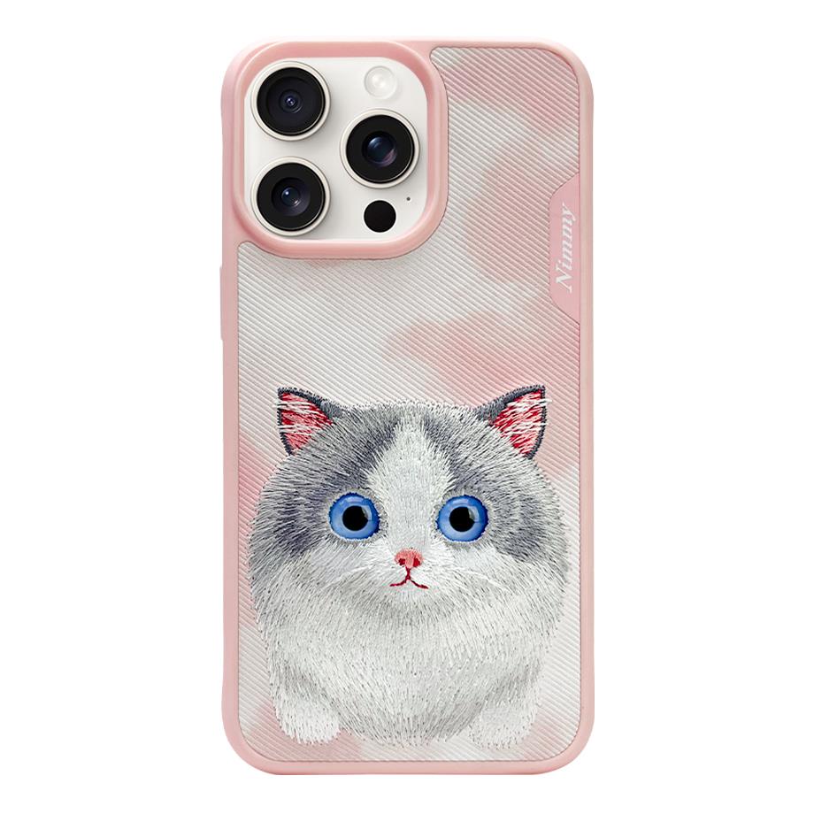 NIMMY iPhone 15 Pro 3D Gerçek Nakış İşlemeli Kedi Kabartmalı Göz Detaylı Big Eyes Silikon Kılıf