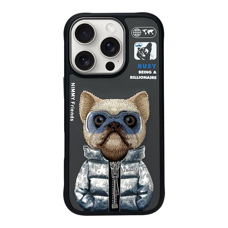 NIMMY iPhone 16 Pro 3D Gerçek Nakış İşlemeli Kabartmalı Gözlük Fermuar Mont Ayıcık Detaylı Cool Cute 2.0 Silikon Kılıf