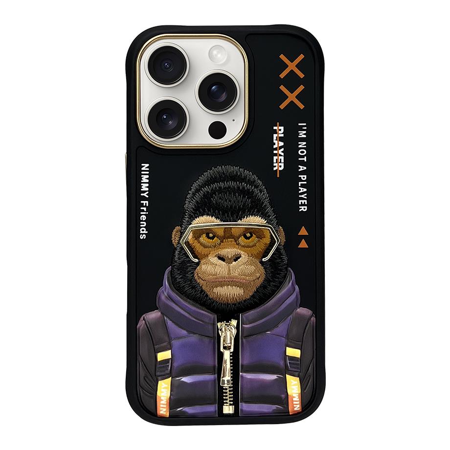 NIMMY iPhone 16 Pro Max 3D Gerçek Nakış İşlemeli Kabartmalı Gözlük Fermuar Mont Gorilla Detaylı Cool Cute 2.0 Silikon Kılıf