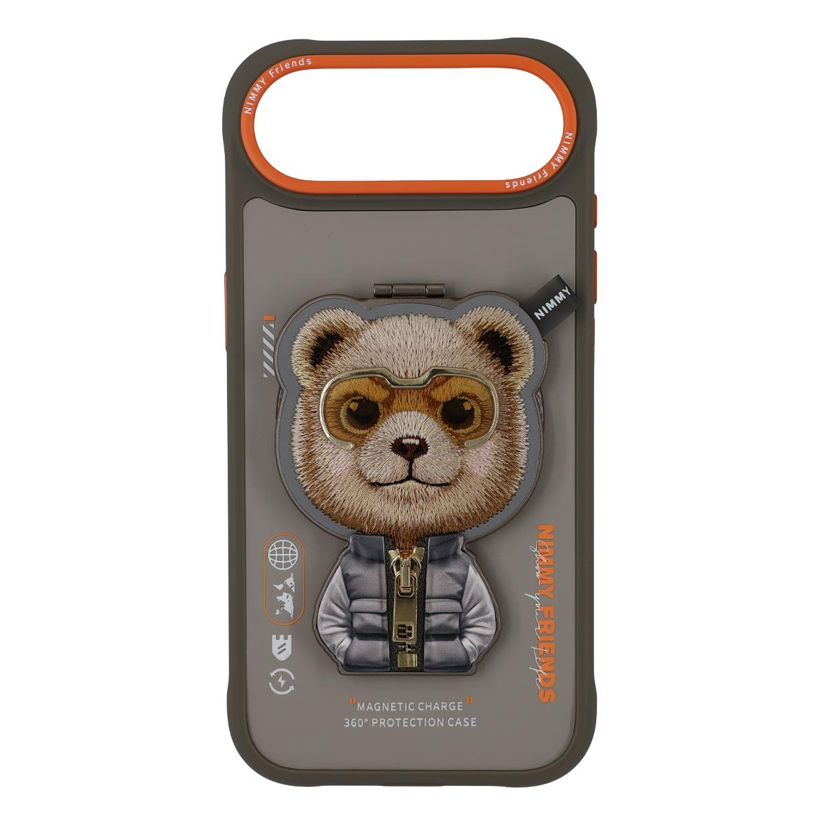 NIMMY iPhone 17 Air Uyumlu MagSafe Özellikli Gri Ayı Aparatlı Cool And Cute 2.0 Telefon Kılıfı