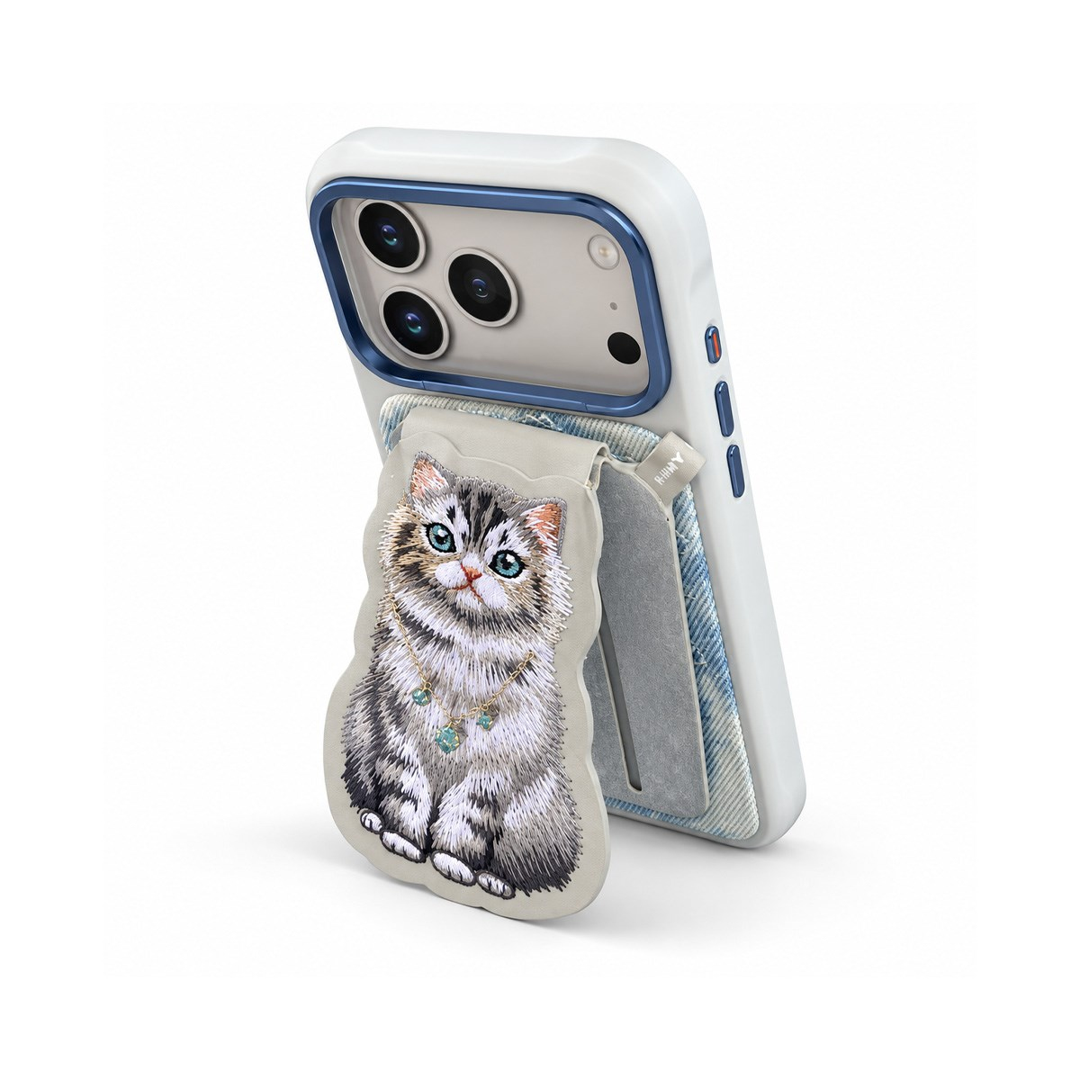 NIMMY Manyetik Standlı iPhone 18 Pro Max Uyumlu 3D Nakışlı Kedili Değiştirilebilir Kartlıklı Kılıf Gri