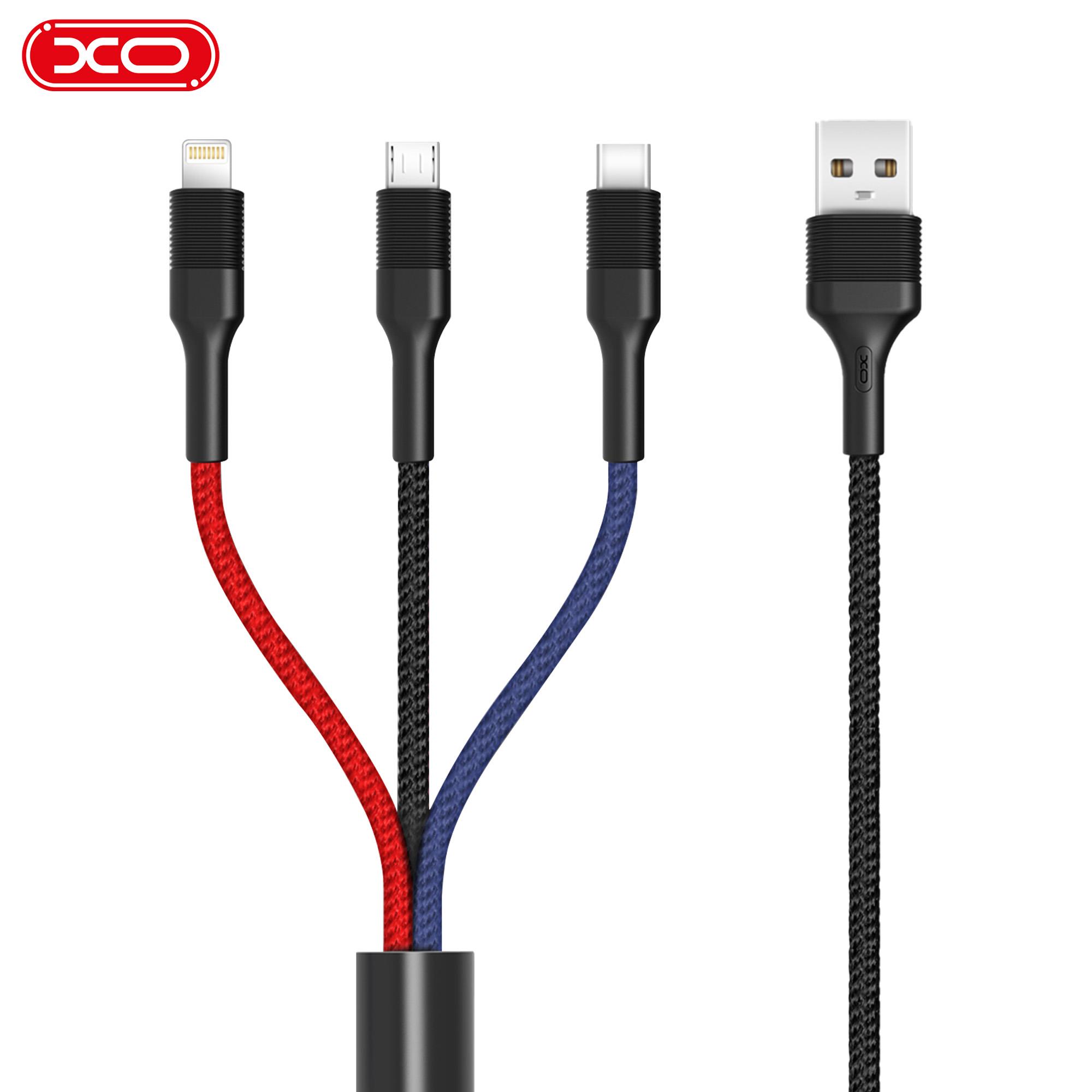 XO NB54 3A Hızlı Fast Destekli USB-A to TYPE-C - Micro - Lightning 3 in 1 Hasır 1.2 Metre Data Şarj Kablosu