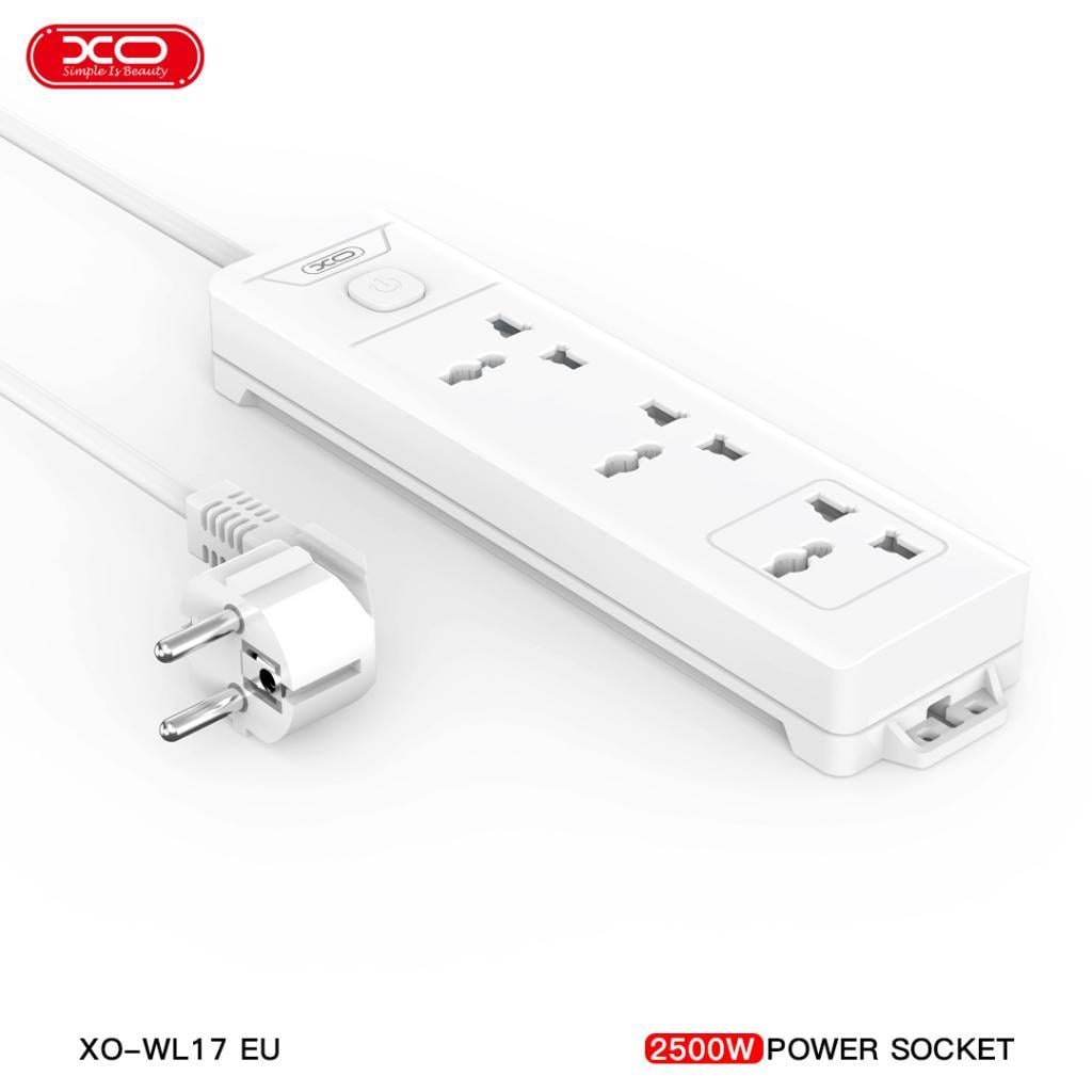 XO WL17(EU) Akım Korumalı 3'lü Grup Priz, 3 Evrensel Priz, 2 Metre Kablo, 2500W, Açma Kapama Anahtarlı, Alev Geciktirici Priz