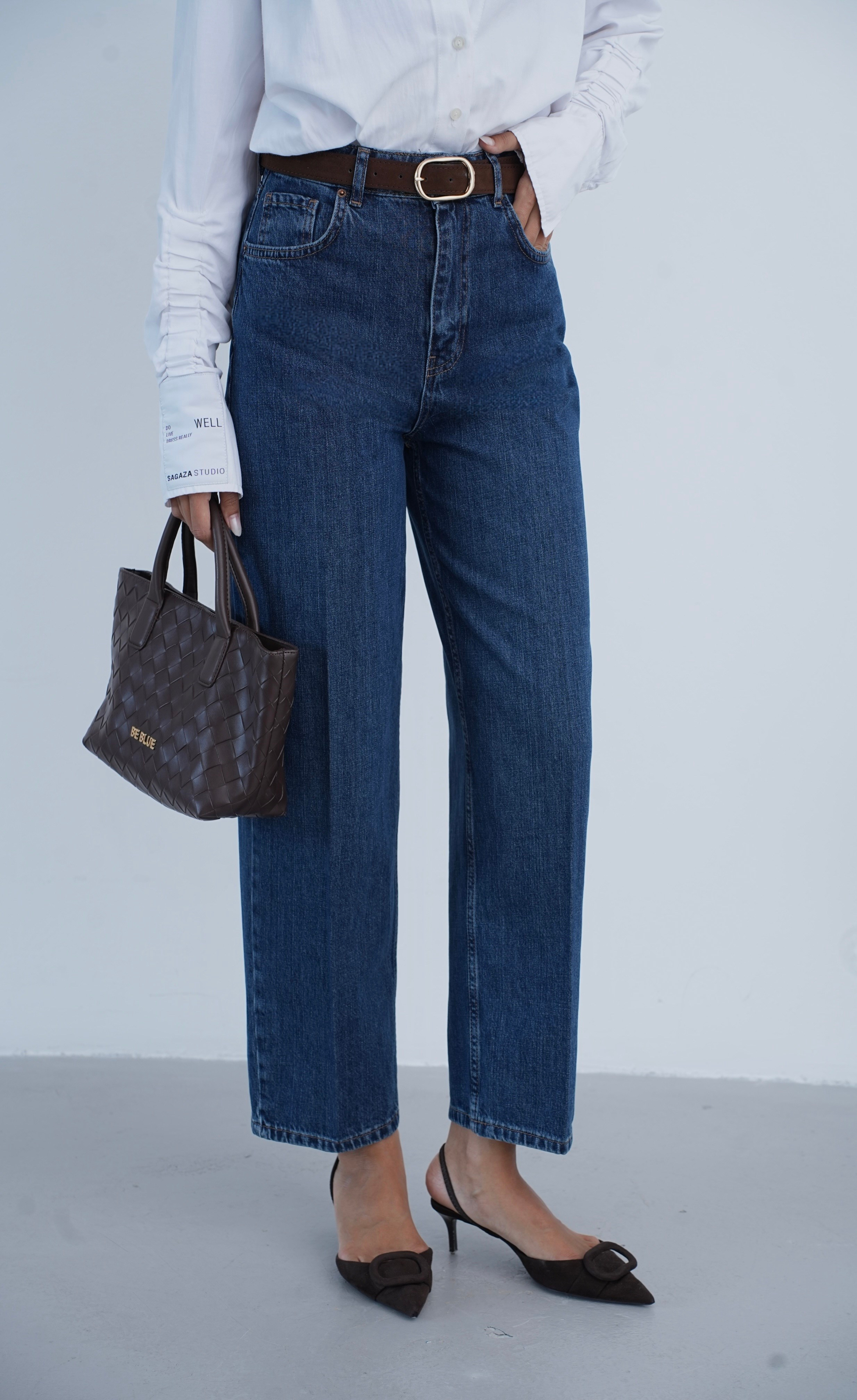 LACARINOYüksek Bel Kemer Detaylı Balon Kalıp Dark Blue Jean Pantolon