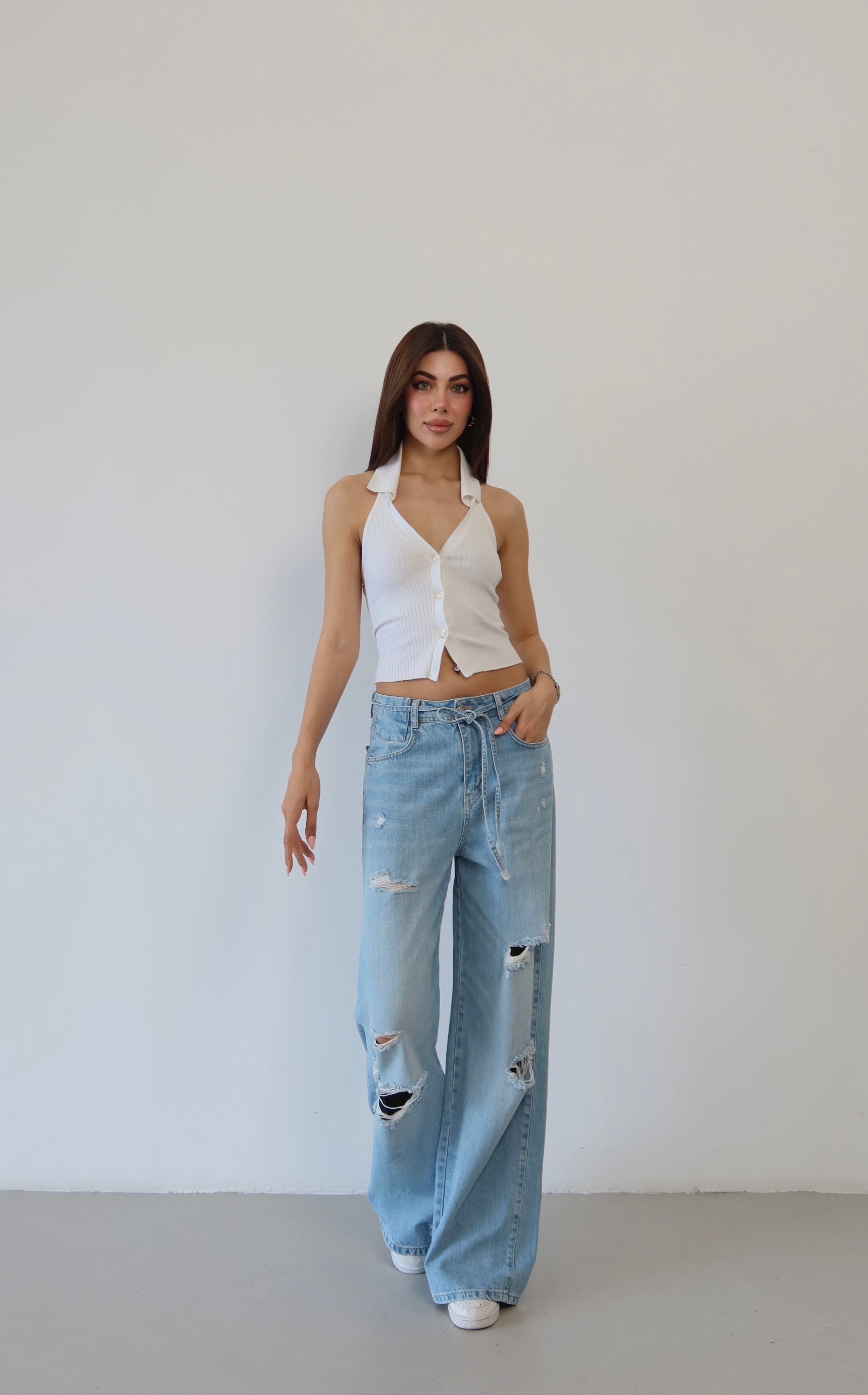 LACARINOYüksek Bel Lazer Kesim Detaylı Arka Tek Cep Baggy Kalıp Light Blue Jean Pantolon