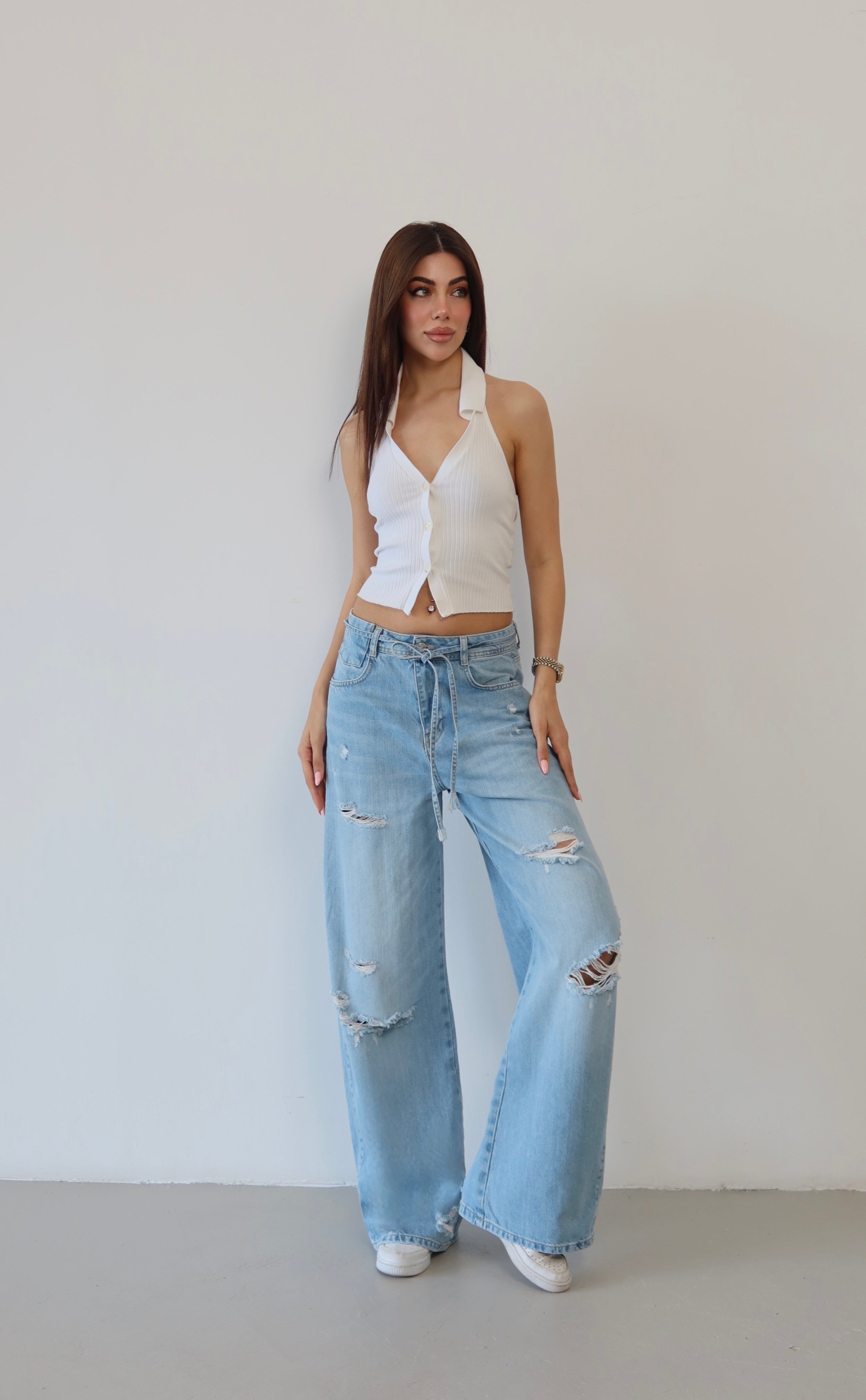 LACARINOYüksek Bel Lazer Kesim Detaylı Arka Tek Cep Baggy Kalıp Light Blue Jean Pantolon