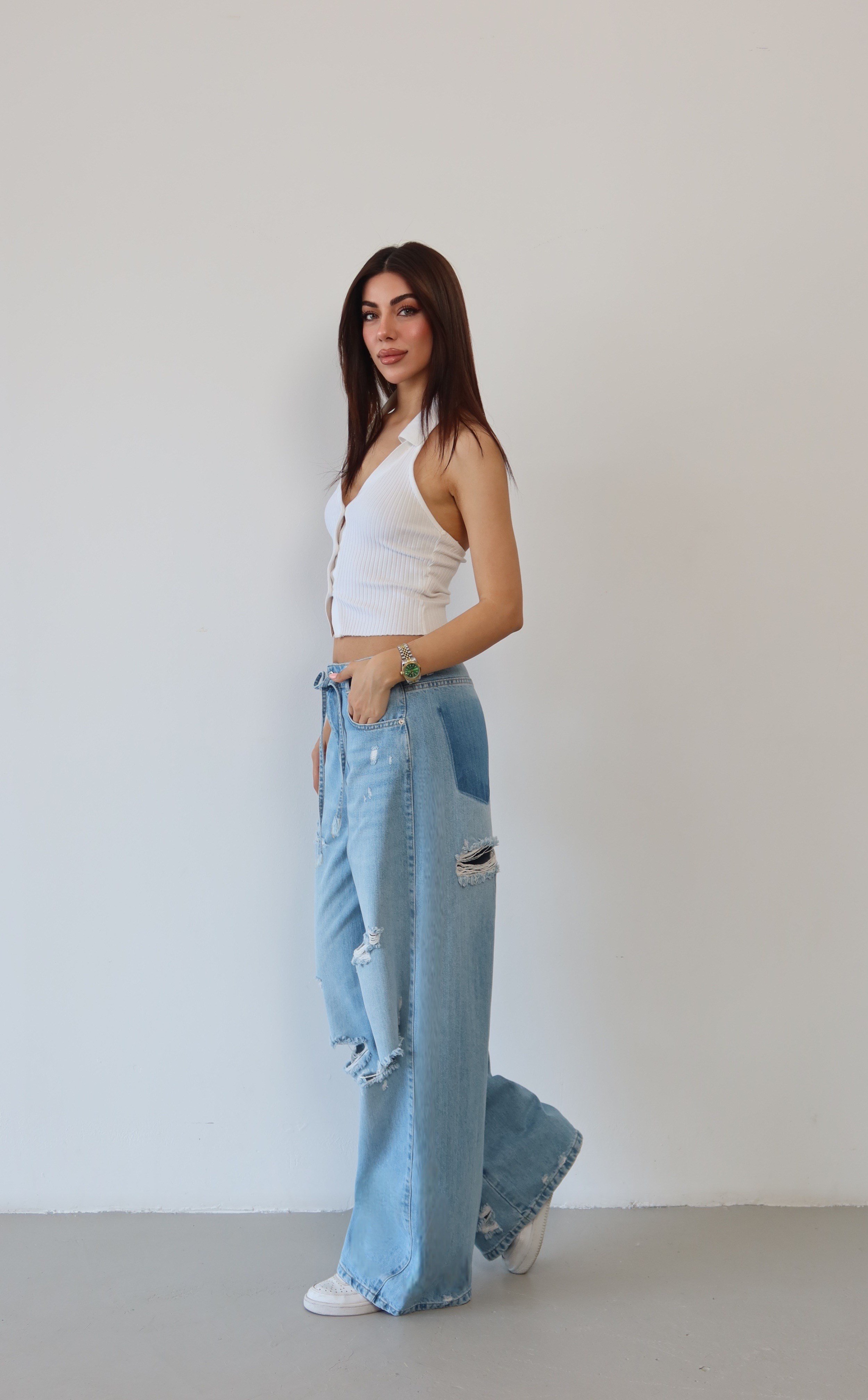 LACARINOYüksek Bel Lazer Kesim Detaylı Arka Tek Cep Baggy Kalıp Light Blue Jean Pantolon