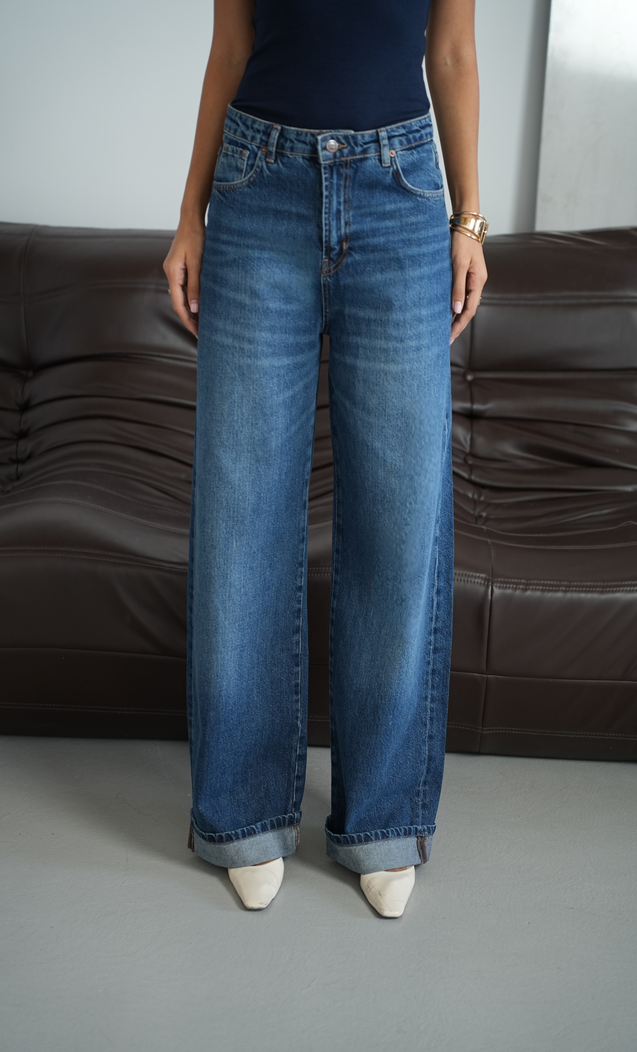LACARINONormal Bel Baggy Foldup Kalıp Paça Katlama Detaylı kadın Dark Blue Jean Pantolon