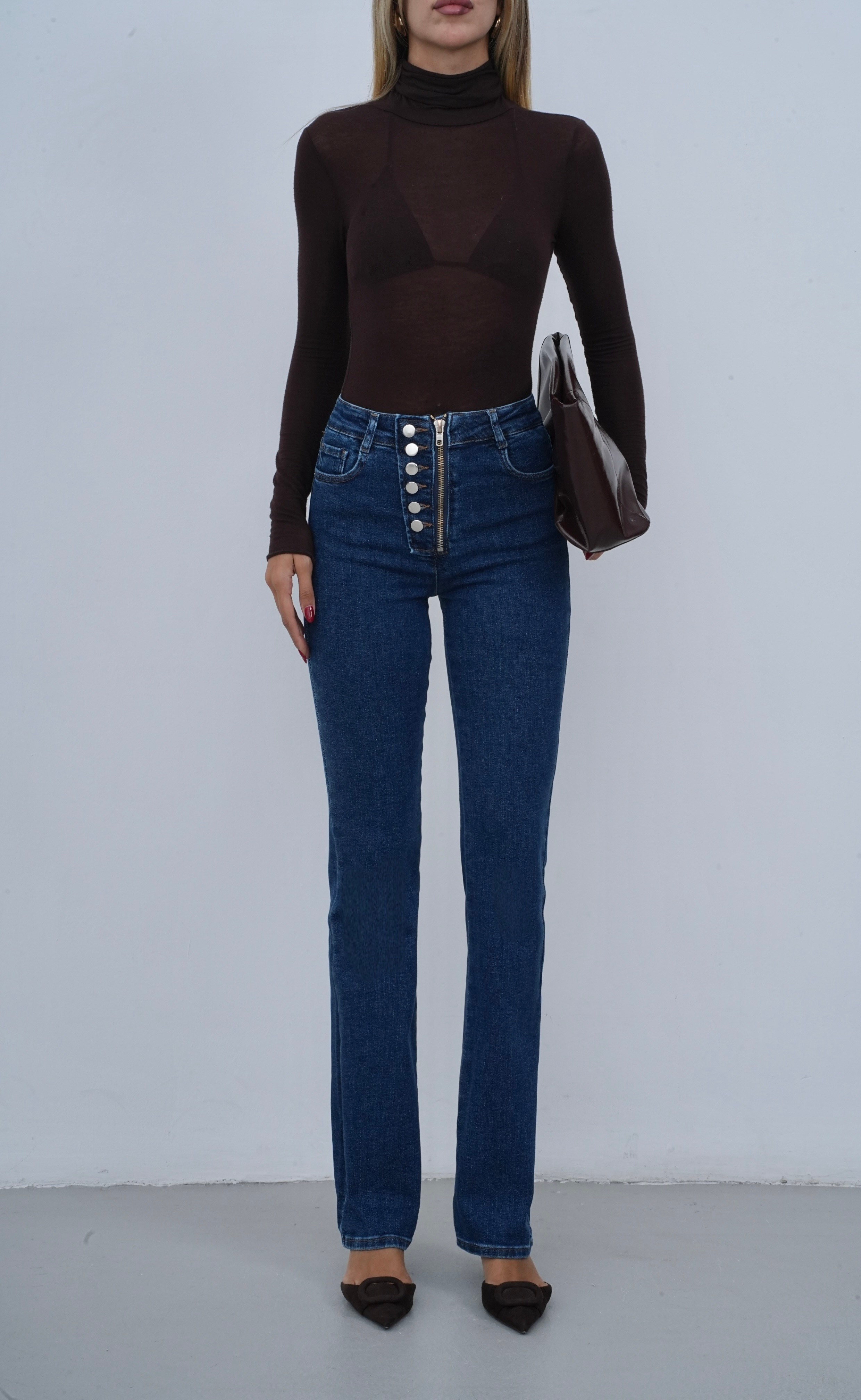 LACARINOYüksek Bel Önden Düğme Detaylı Fermuarlı Yarım Boru Paça Dark Blue Jean Pantolon