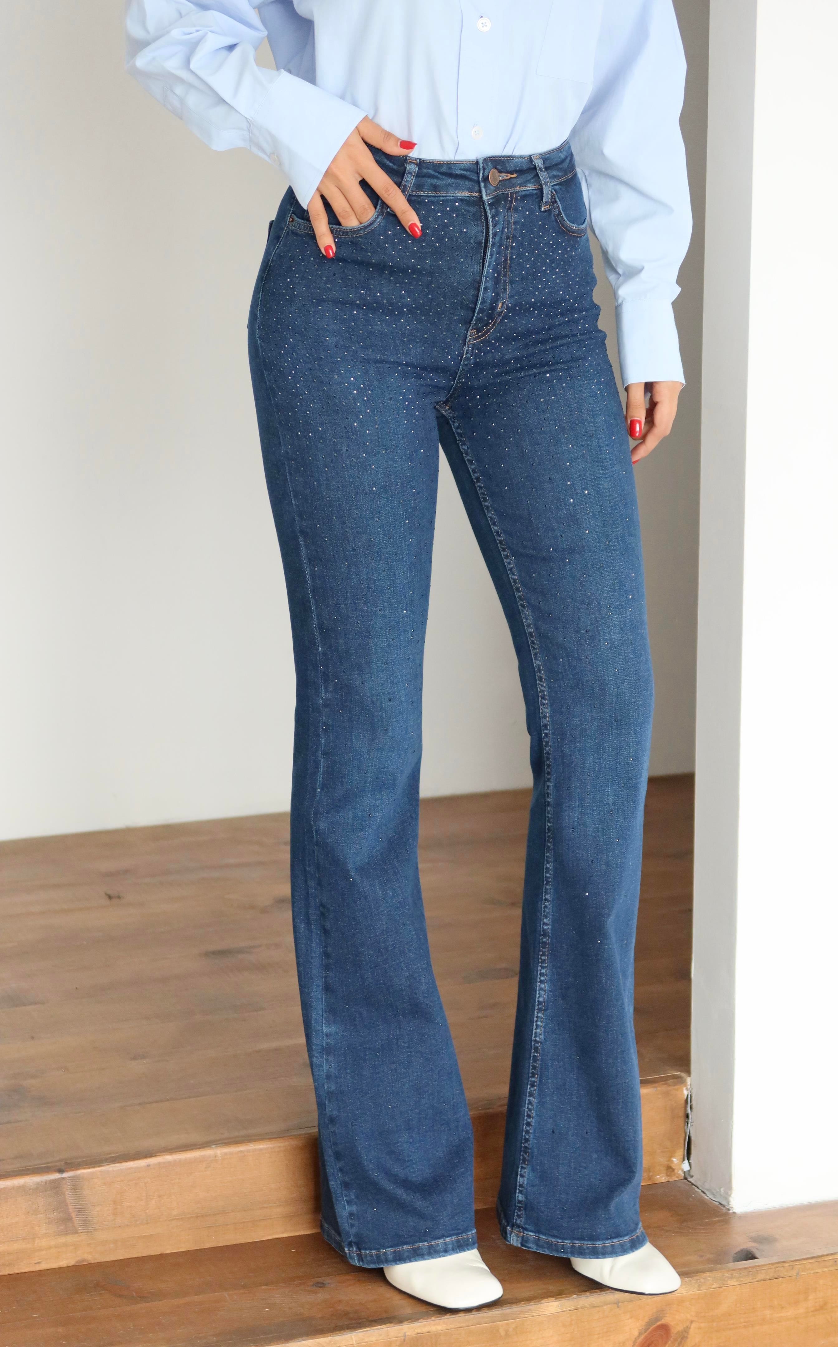 LACARINOYüksek Bel Yarım İspanyol Paça Taş Detaylı Dark Blue Jean Pantolon
