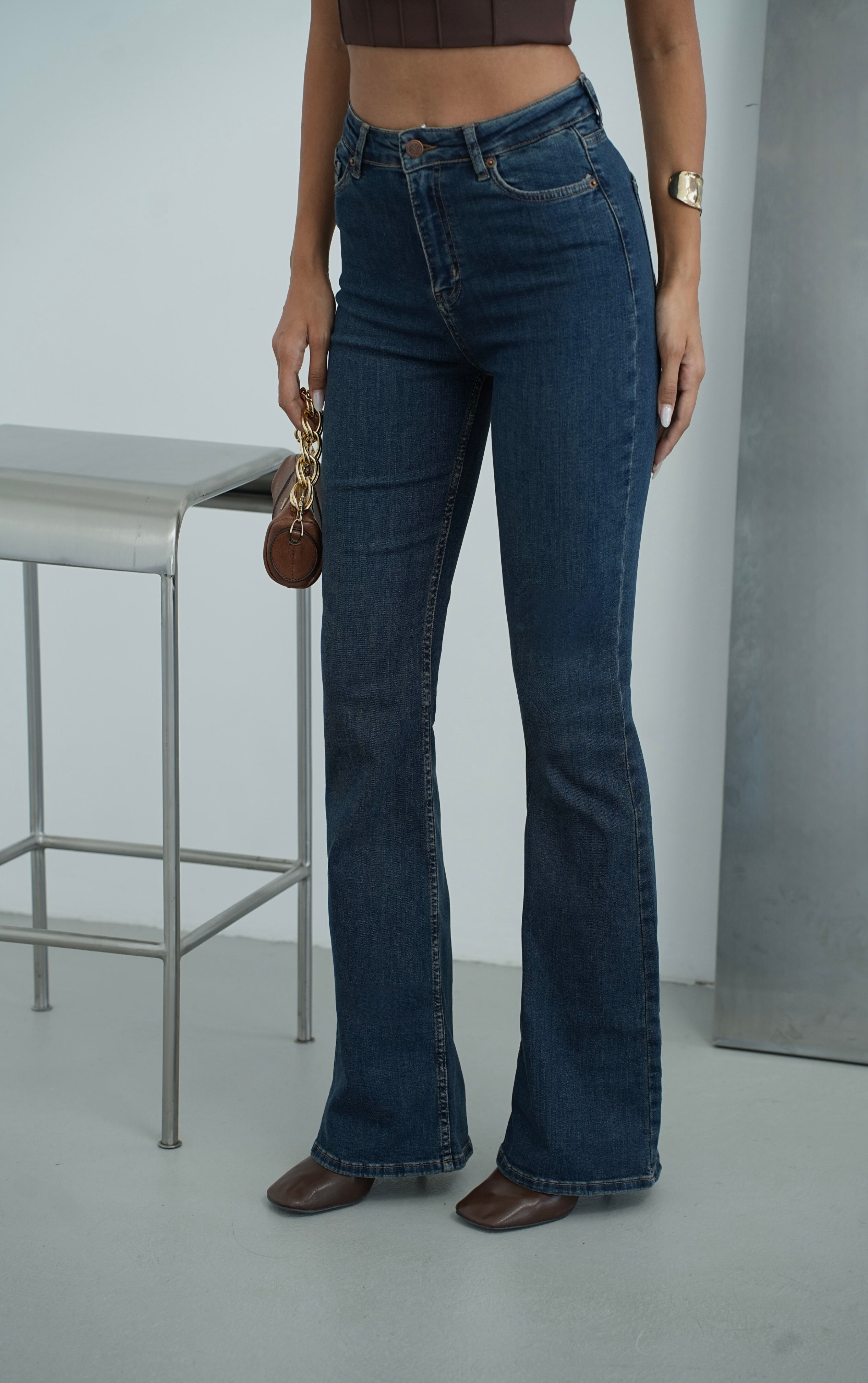 LACARINOYüksek Bel İspanyol Paça Dark Blue Tint Jean Pantolon