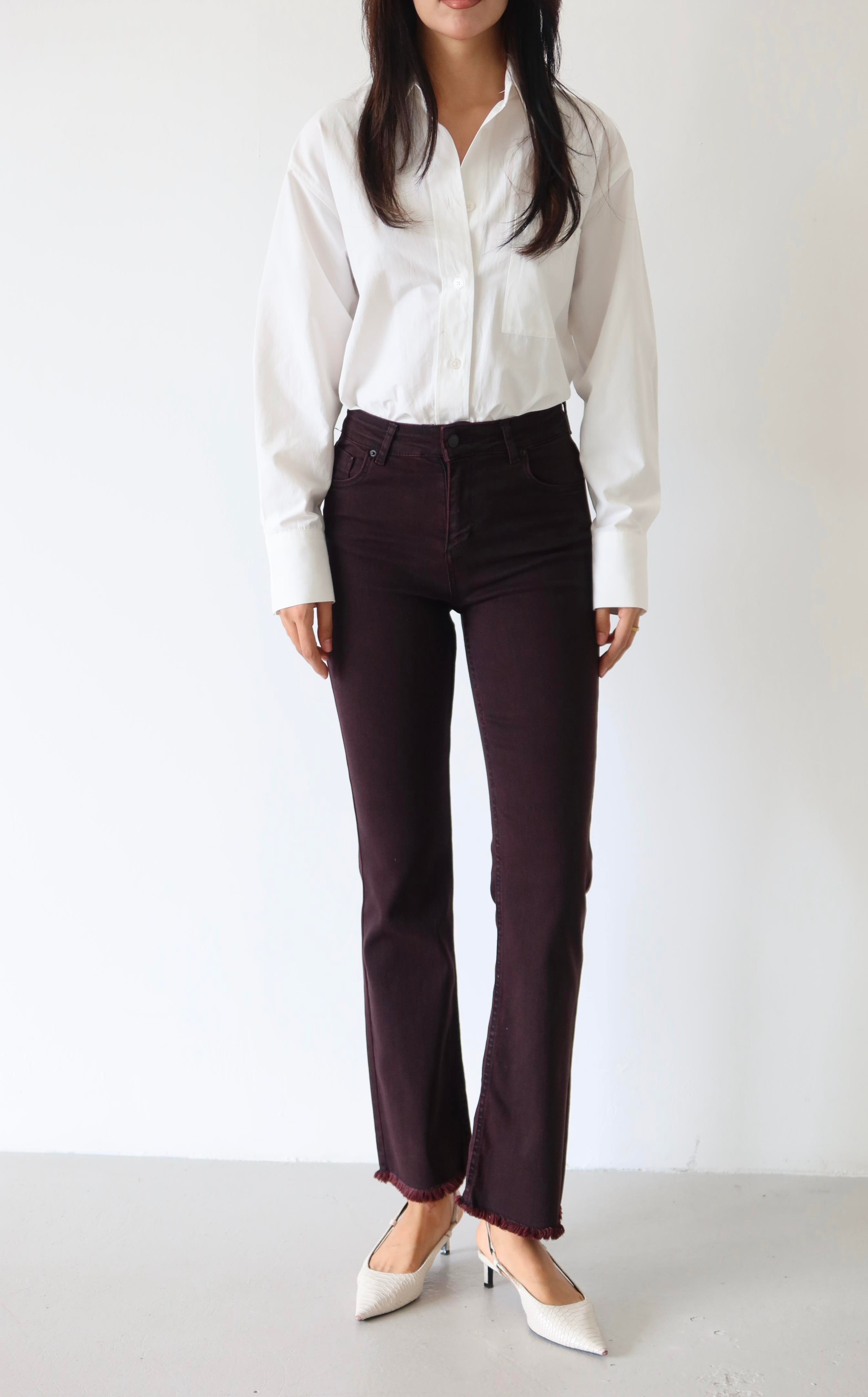 LACARINOHigh Waist Narrow Fit Leg Tassel Detailed Burgundy Jeans