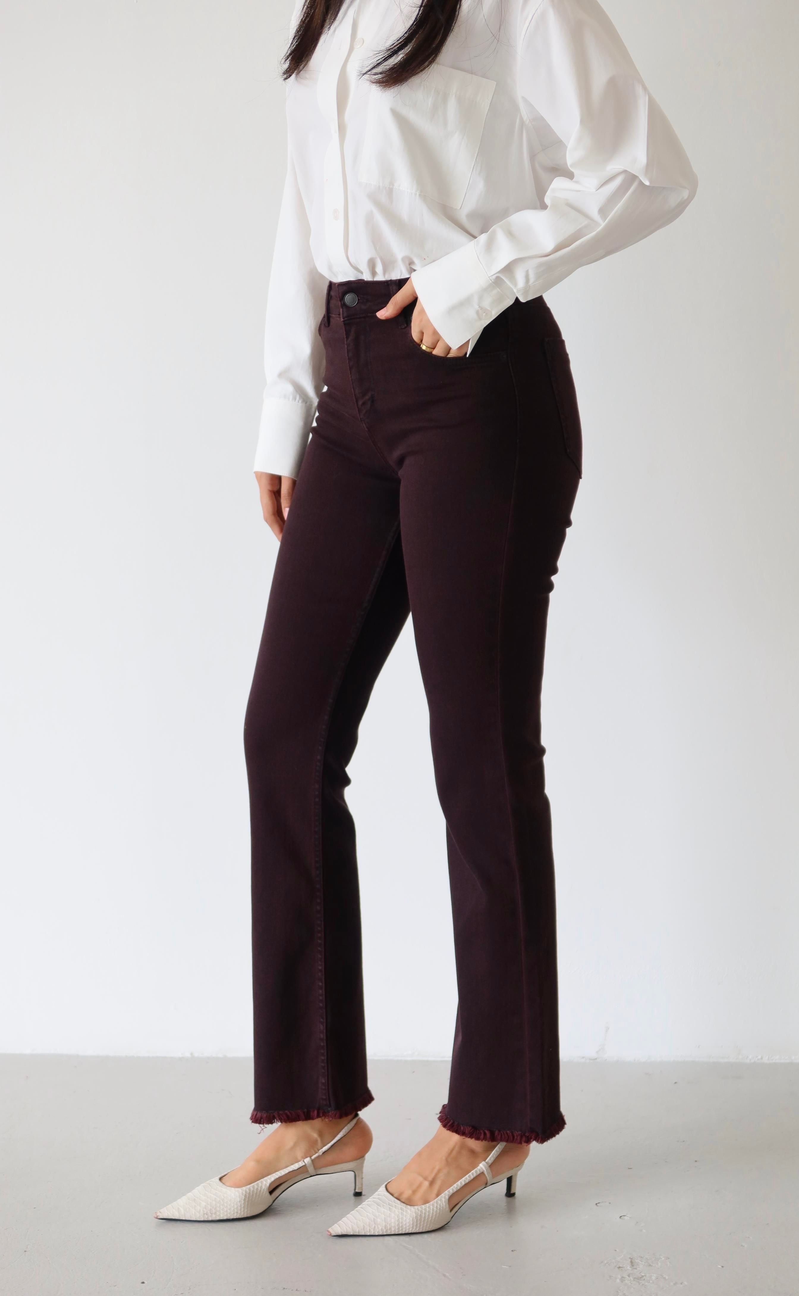LACARINOHigh Waist Narrow Fit Leg Tassel Detailed Burgundy Jeans