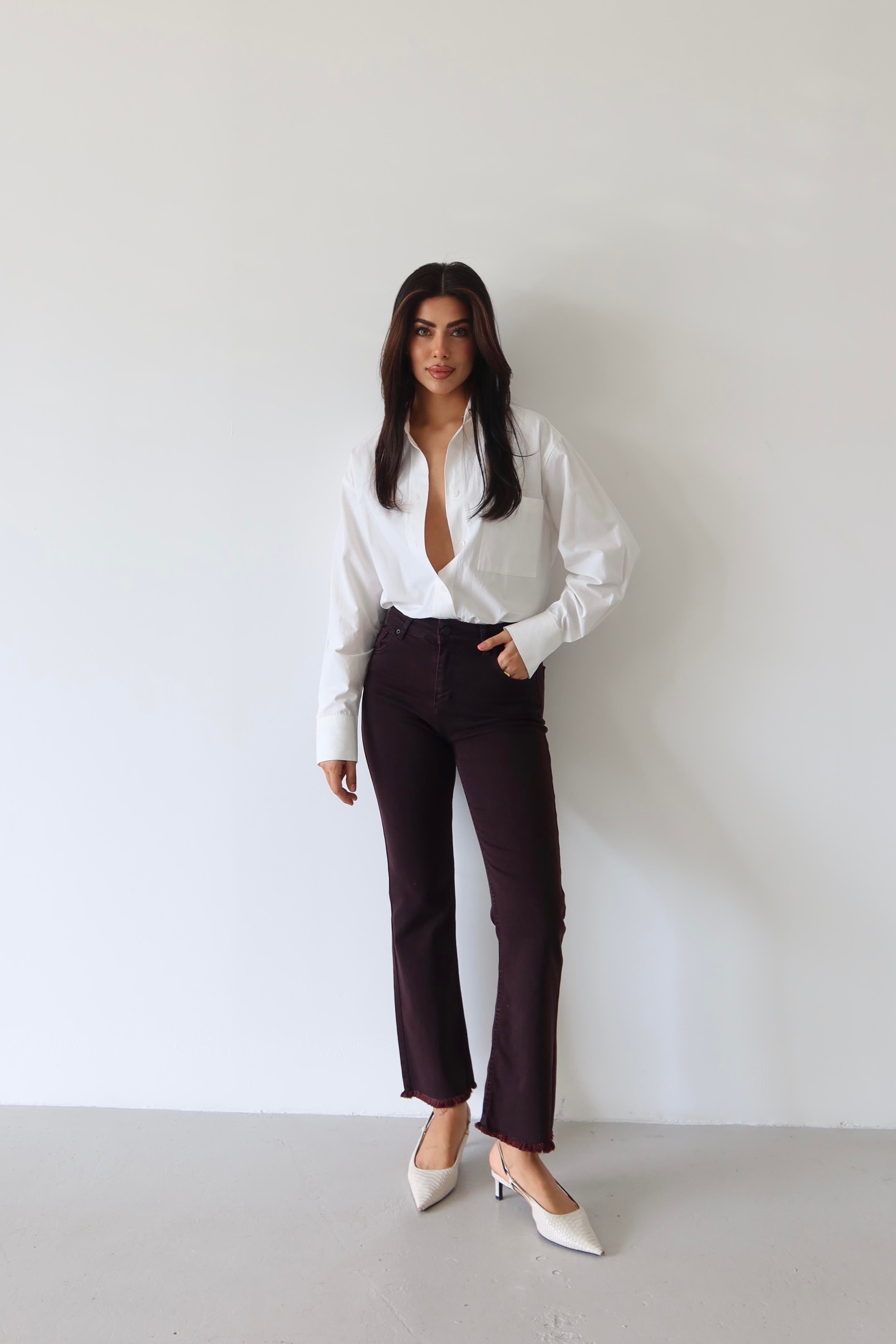 LACARINOHigh Waist Narrow Fit Leg Tassel Detailed Burgundy Jeans