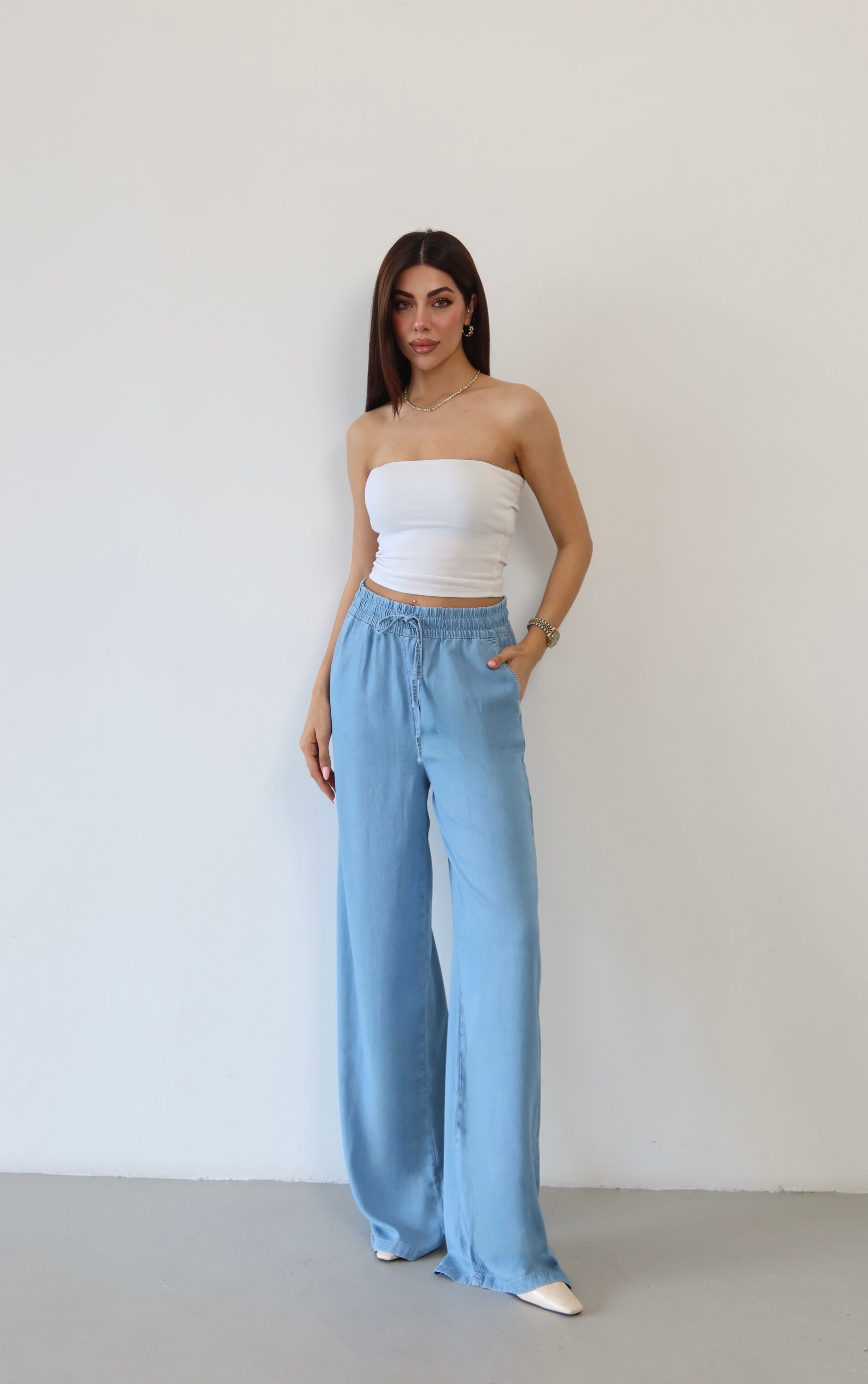 LACARINOYüksek Bel Bel Lastik Detaylı Palazzo Kesim Light Blue Pantolon