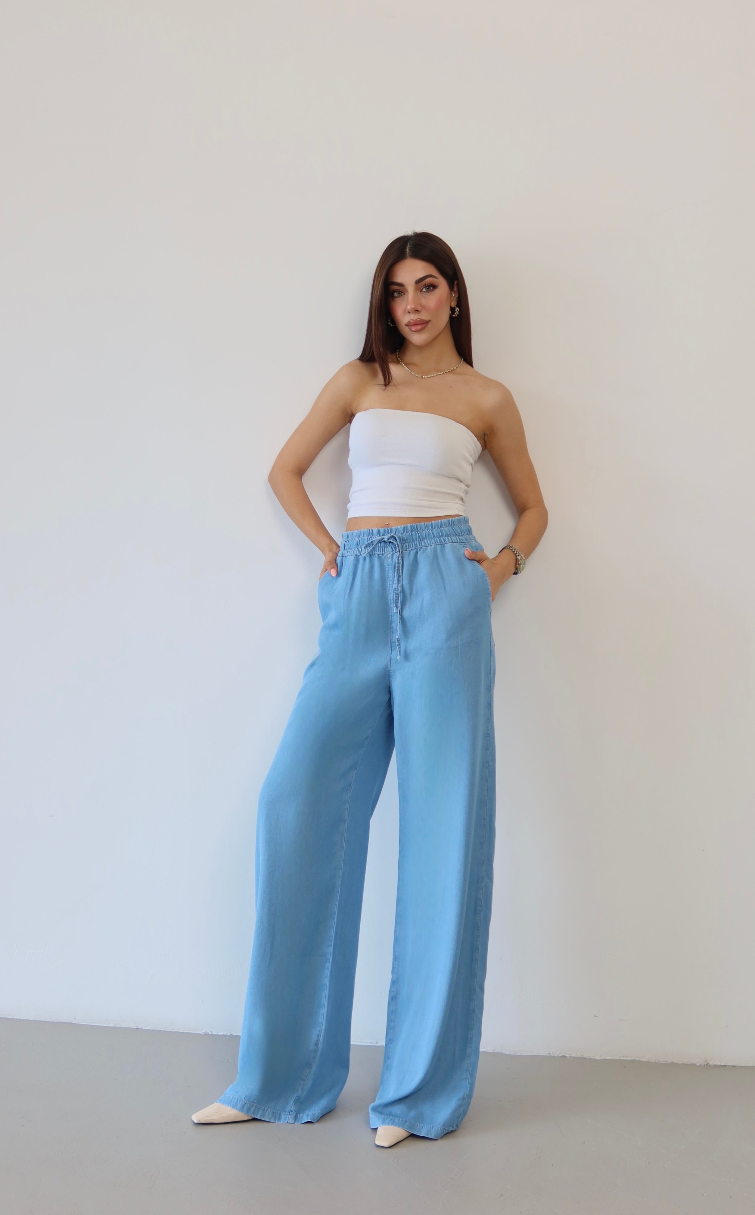LACARINOYüksek Bel Bel Lastik Detaylı Palazzo Kesim Light Blue Pantolon