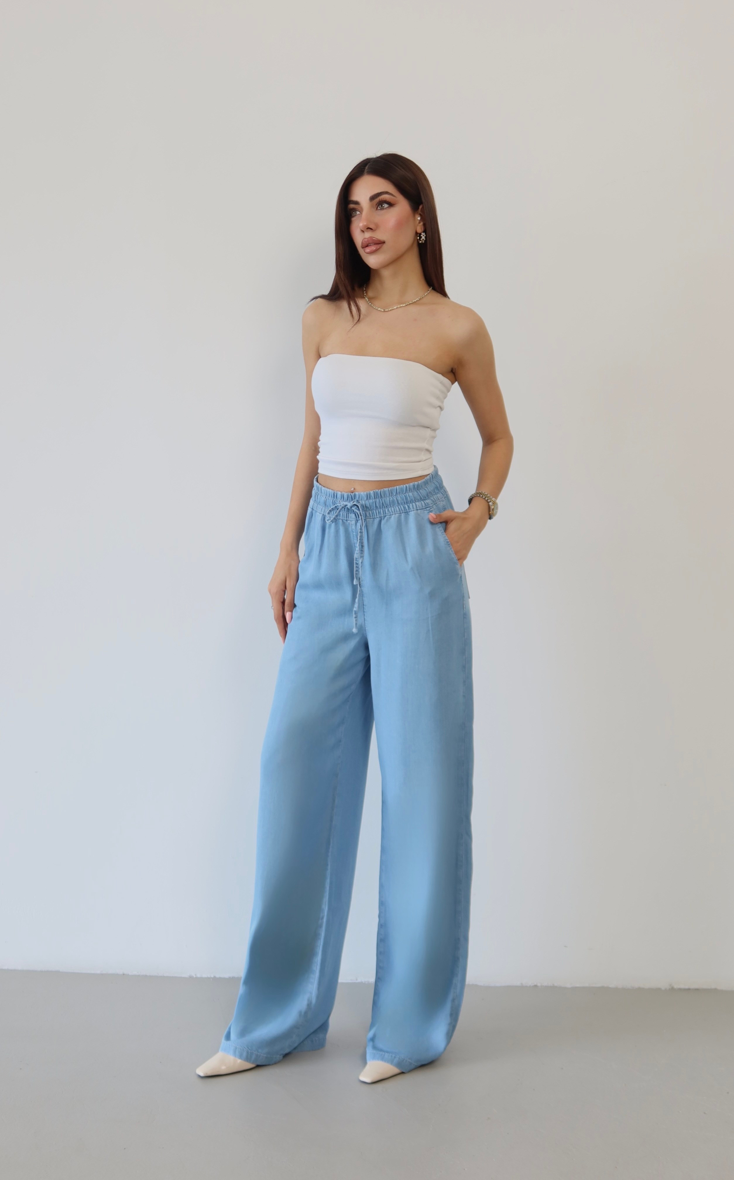 LACARINOYüksek Bel Bel Lastik Detaylı Palazzo Kesim Light Blue Pantolon
