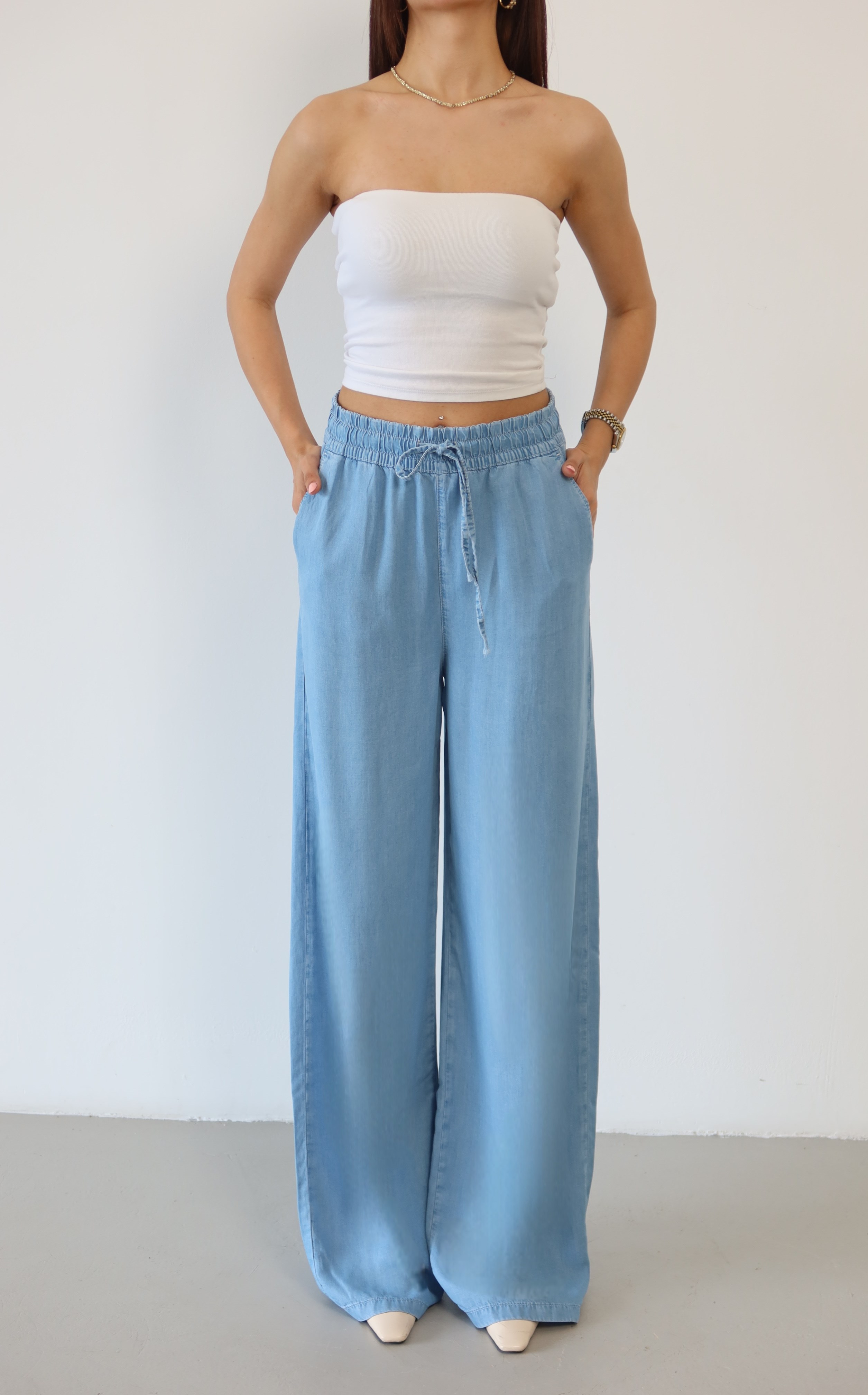LACARINOYüksek Bel Bel Lastik Detaylı Palazzo Kesim Light Blue Pantolon