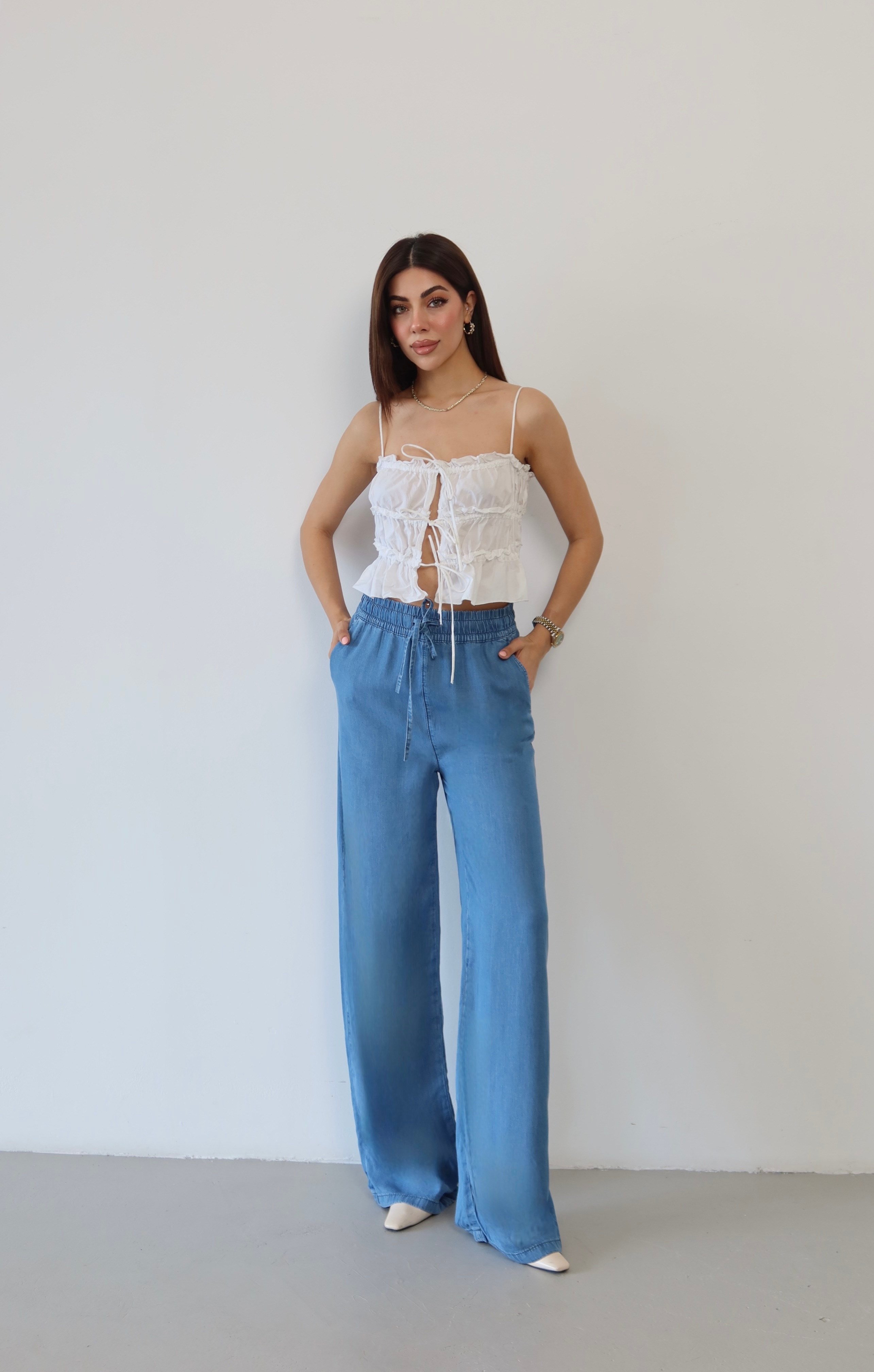 LACARINOYüksek Bel Bel Lastik Detaylı Palazzo Kesim Light Blue Pantolon