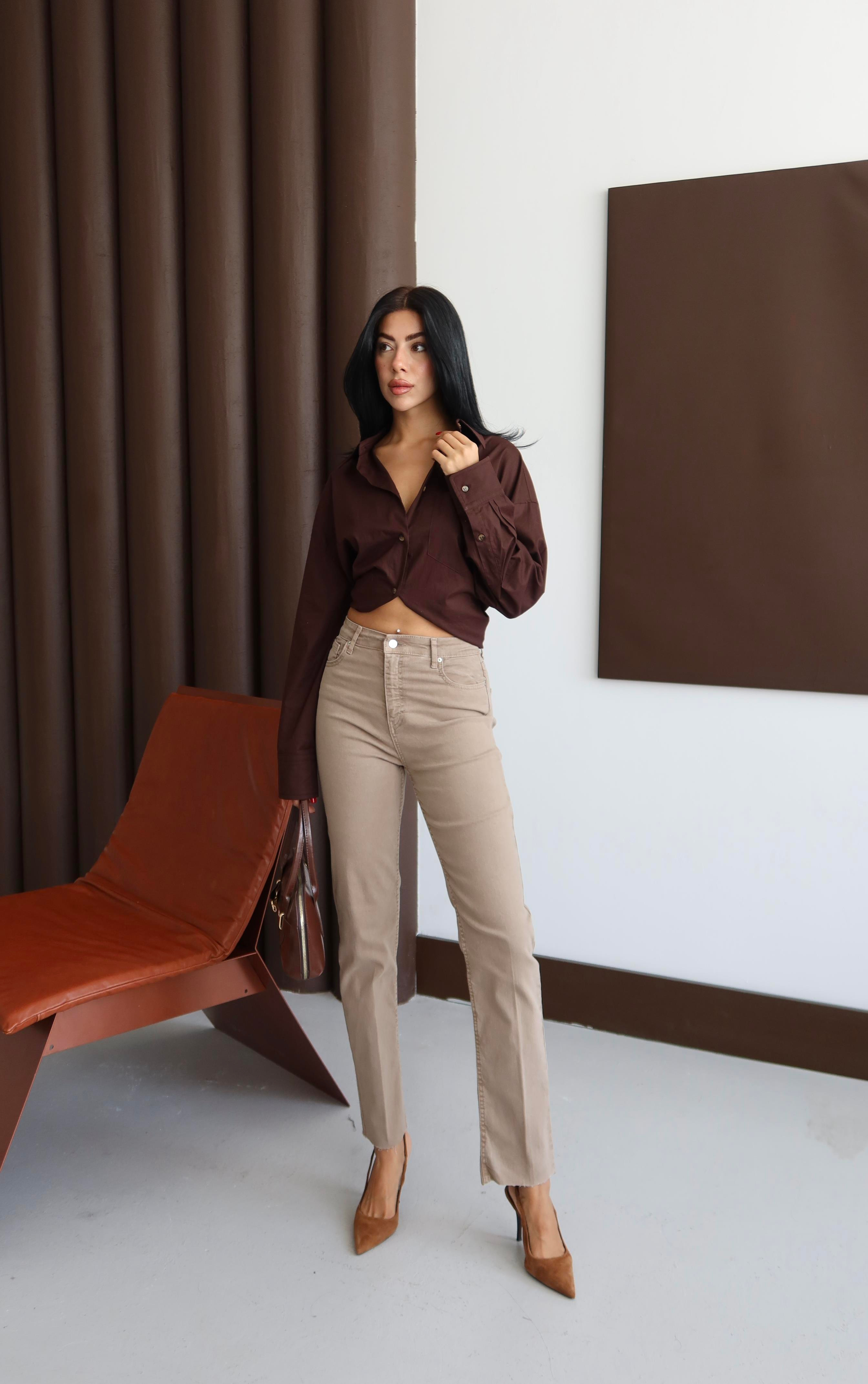 LACARINOHigh-Waisted Mink Jeans with Cut-Out Hem Detail