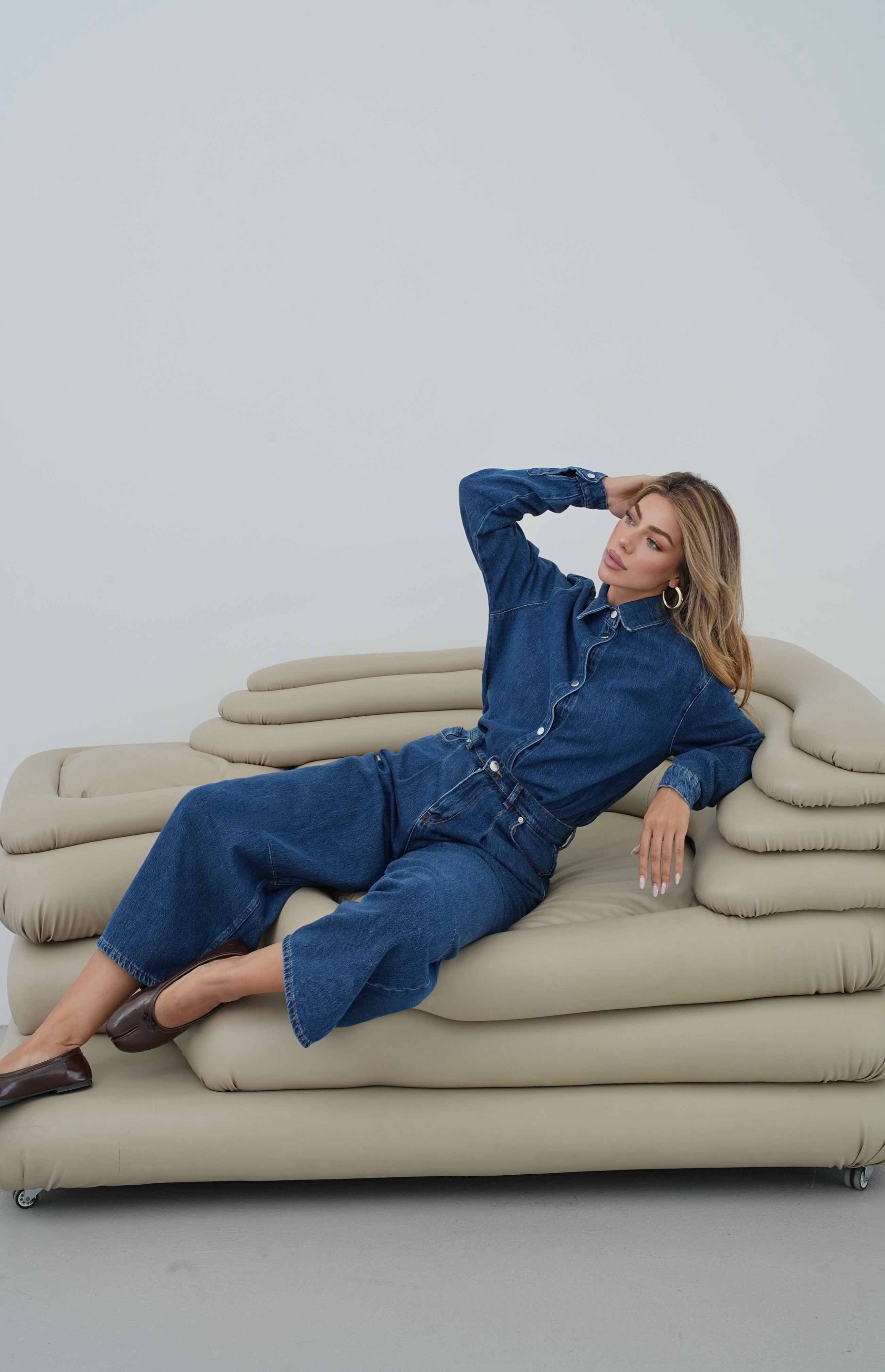 LACARINOBalon Kalıp Pantolon 5 Düğmeli Gömlek Dark Blue Jean Takım 