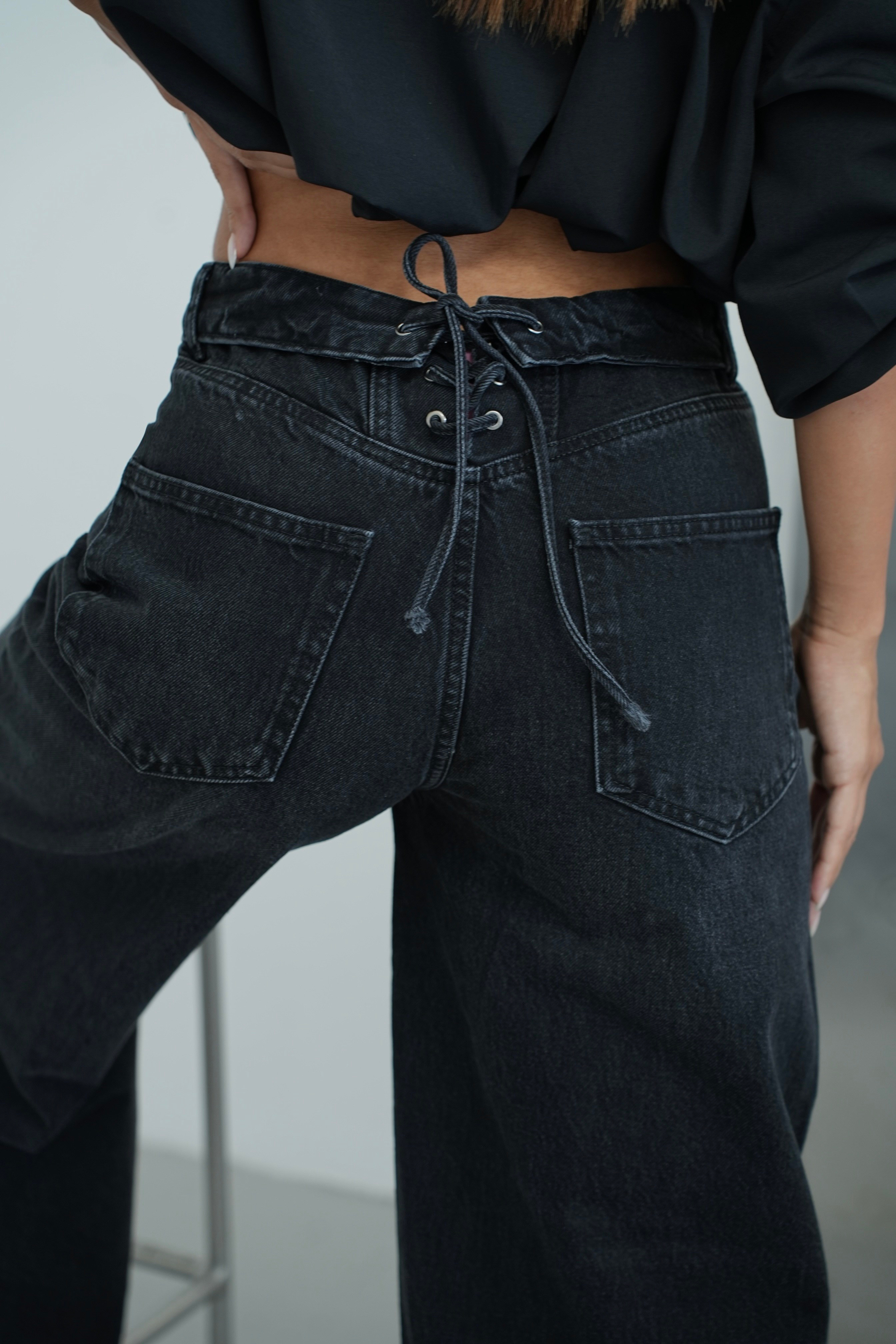 LACARINOYüksek Bel Ters  Kemer Bel İp Detaylı Black Jean Pantolon