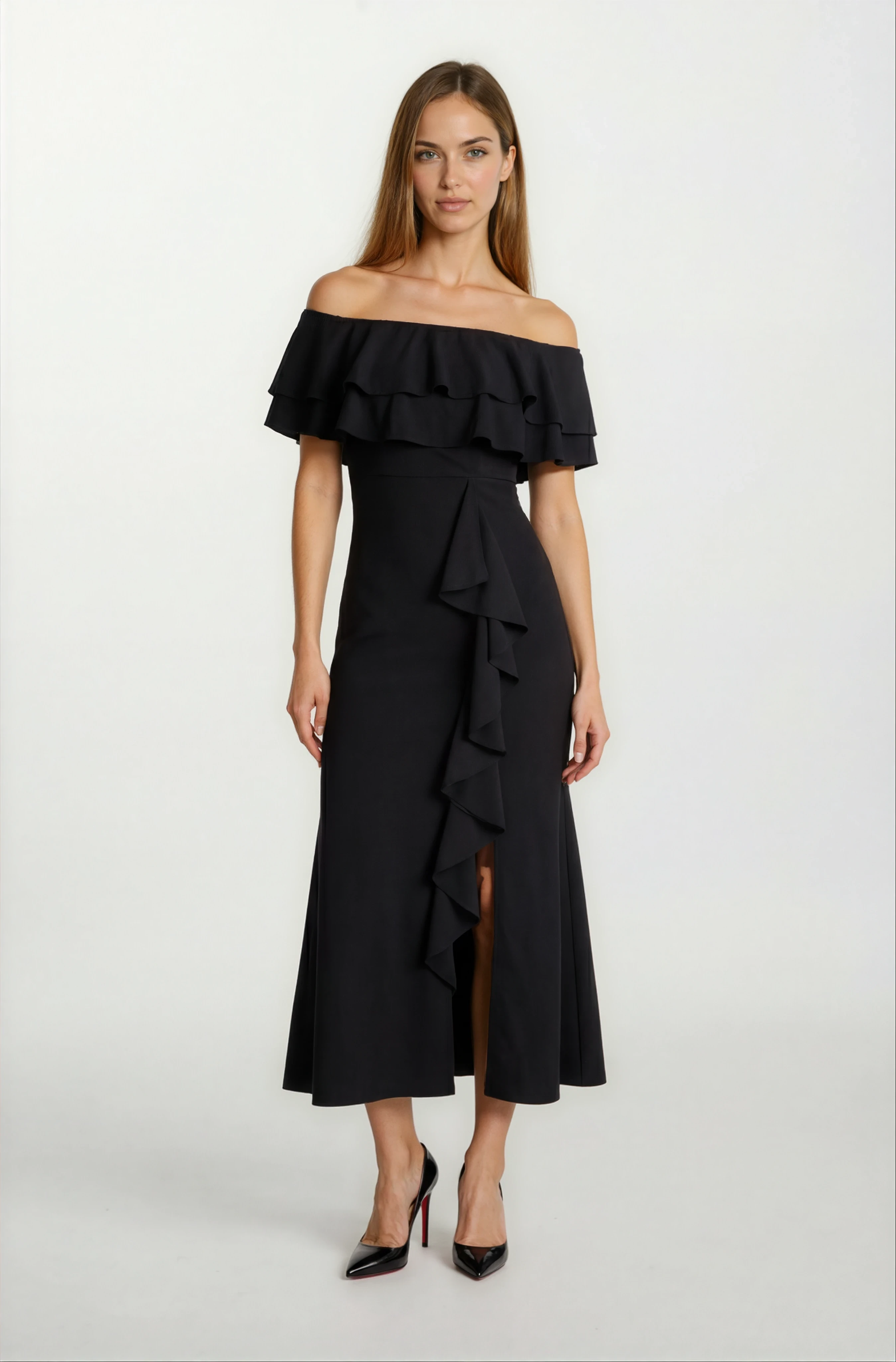 Adio Volanlı Uzun Abiye Elbise SİYAH