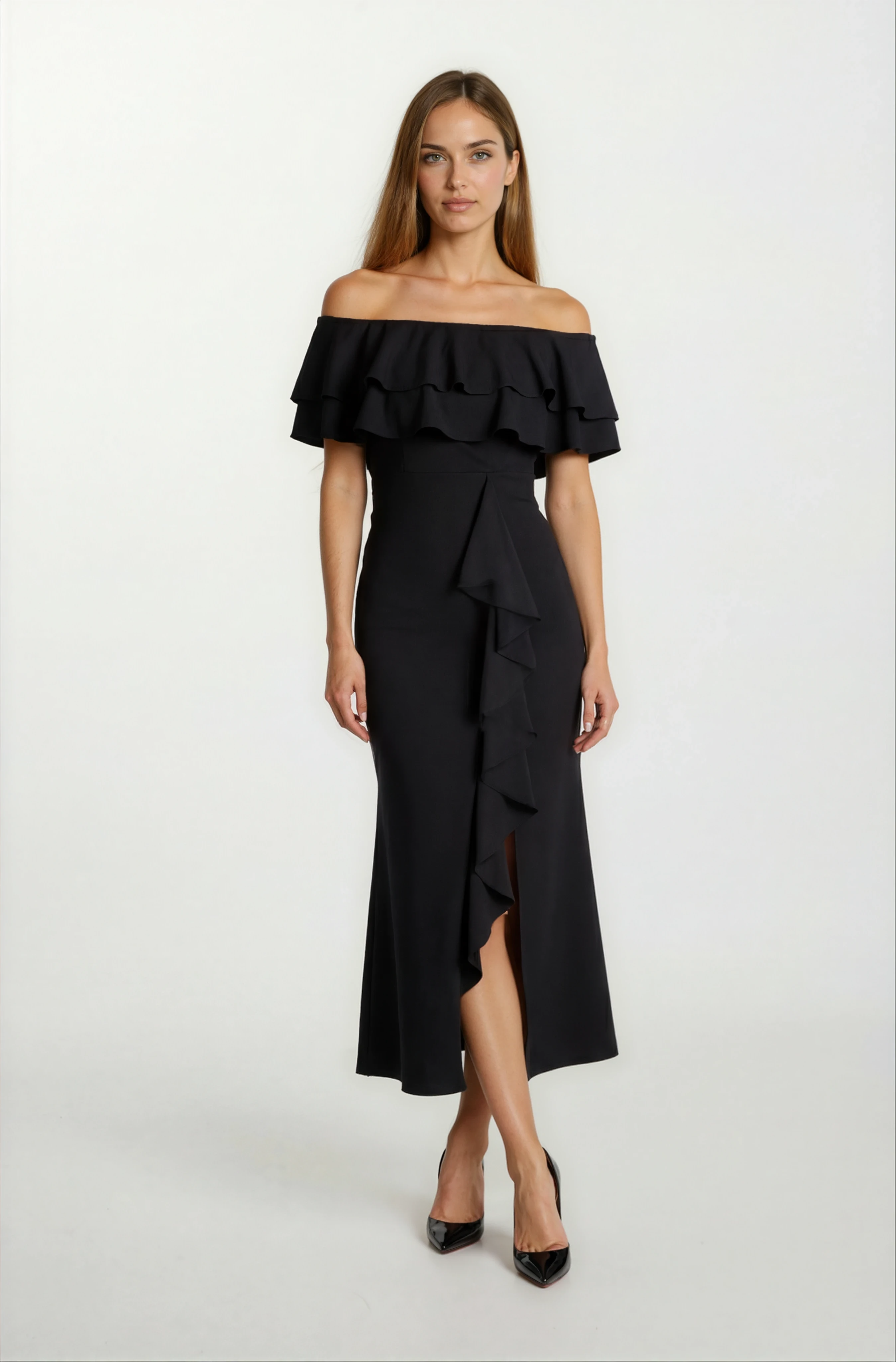 Adio Volanlı Uzun Abiye Elbise SİYAH