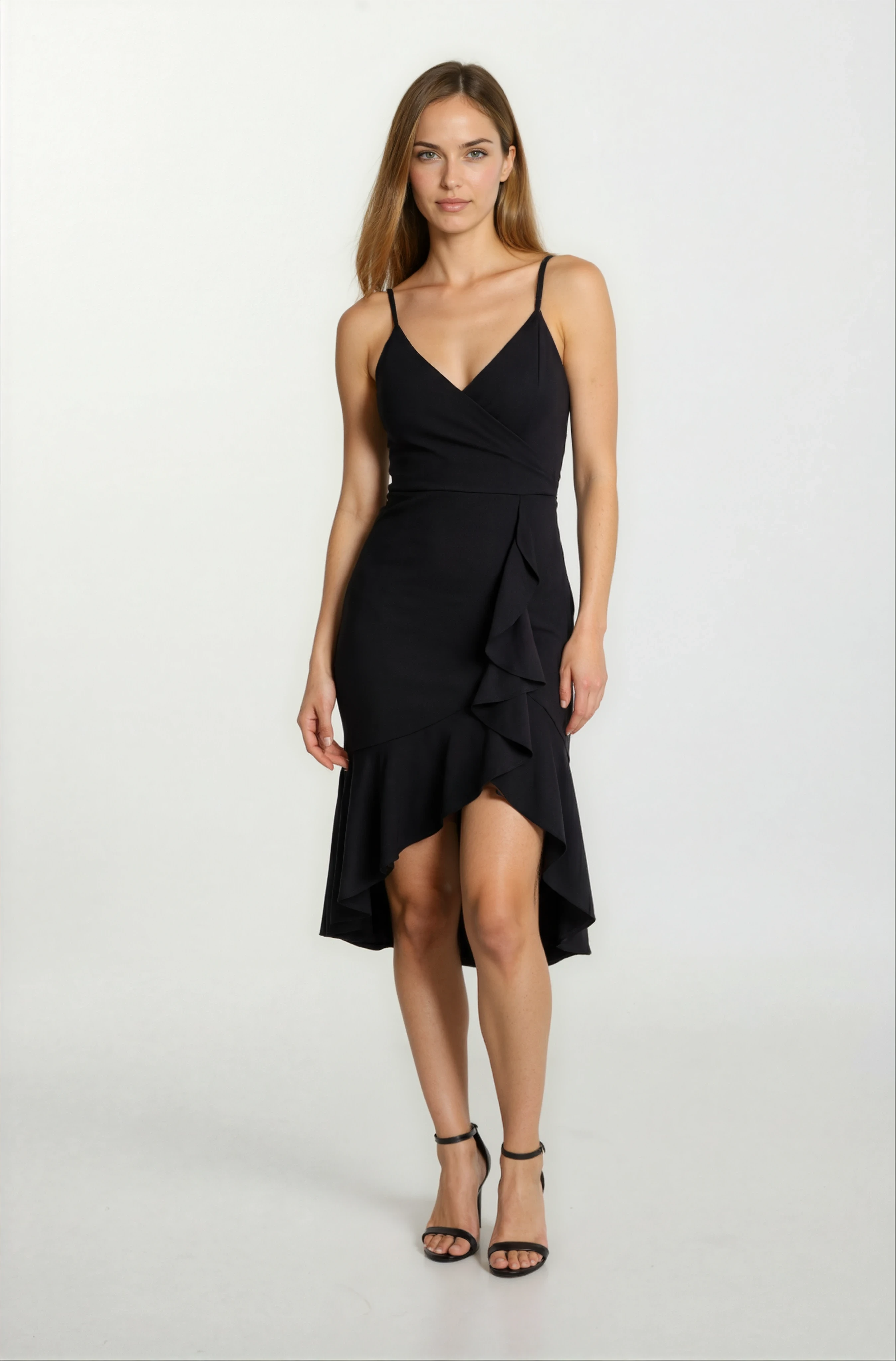 Agus Eteği Volanlı Askılı Kısa Abiye Elbise SİYAH