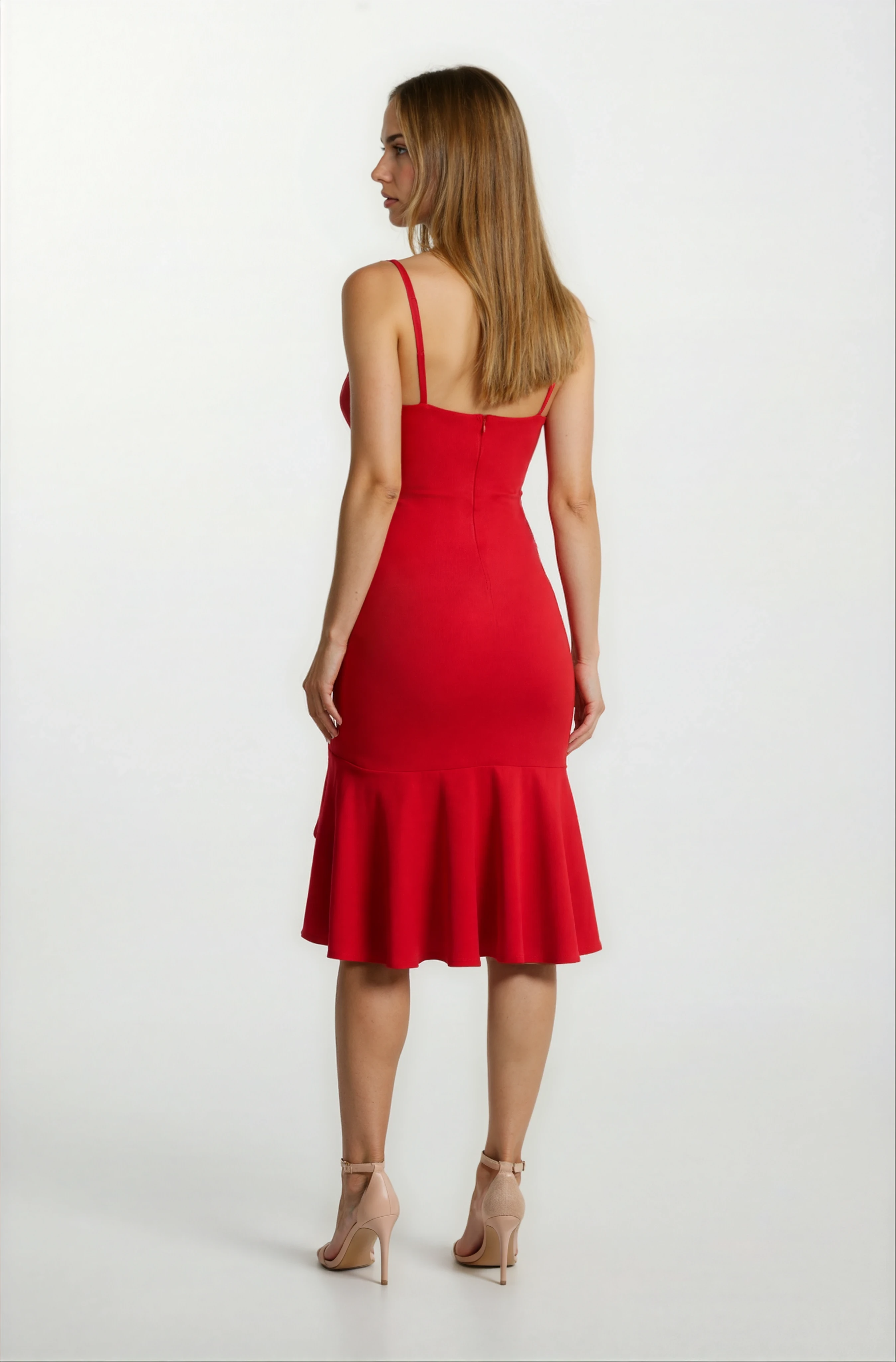 Agus Eteği Volanlı Askılı Kısa Abiye Elbise KIRMIZI