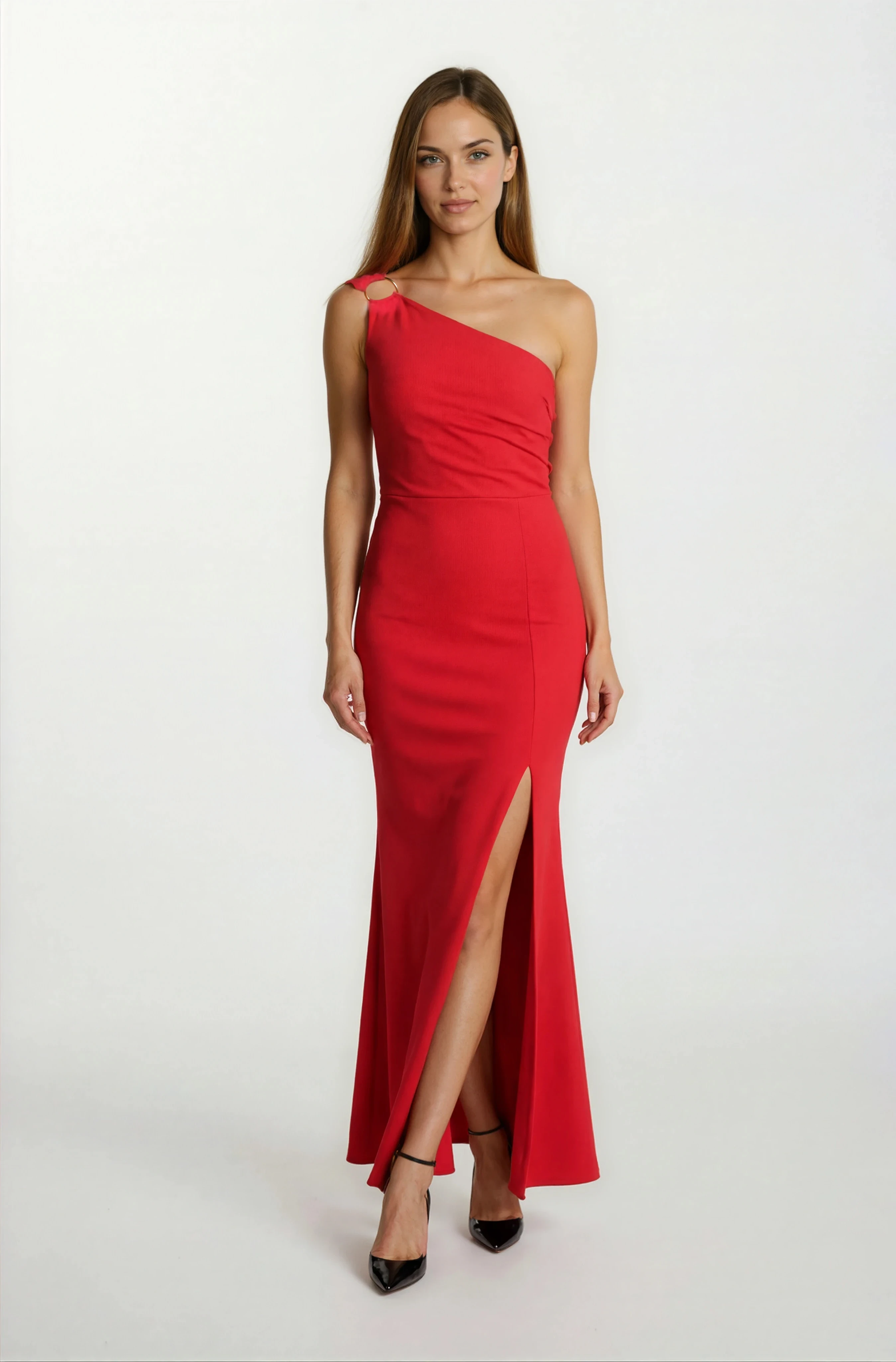 Ampilioi Tek Omuz Askılı Halka Detaylı Uzun Abiye Elbise KIRMIZI