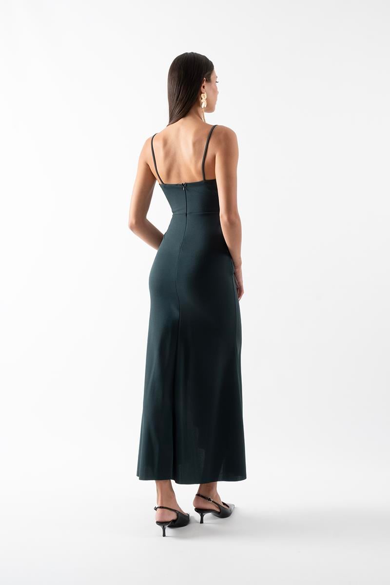 Amulia İnce Askılı Önü Fırfırlı Uzun Abiye Elbise ZÜMRÜT