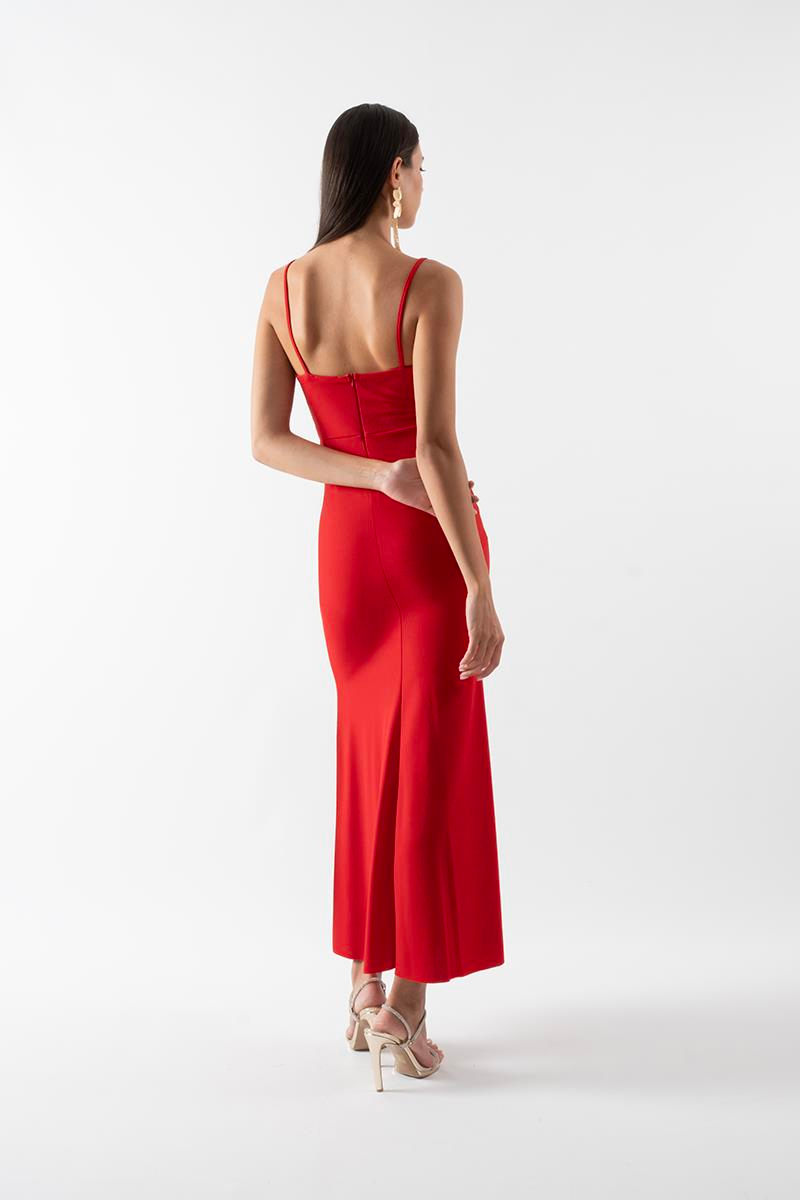 Amulia İnce Askılı Önü Fırfırlı Uzun Abiye Elbise KIRMIZI