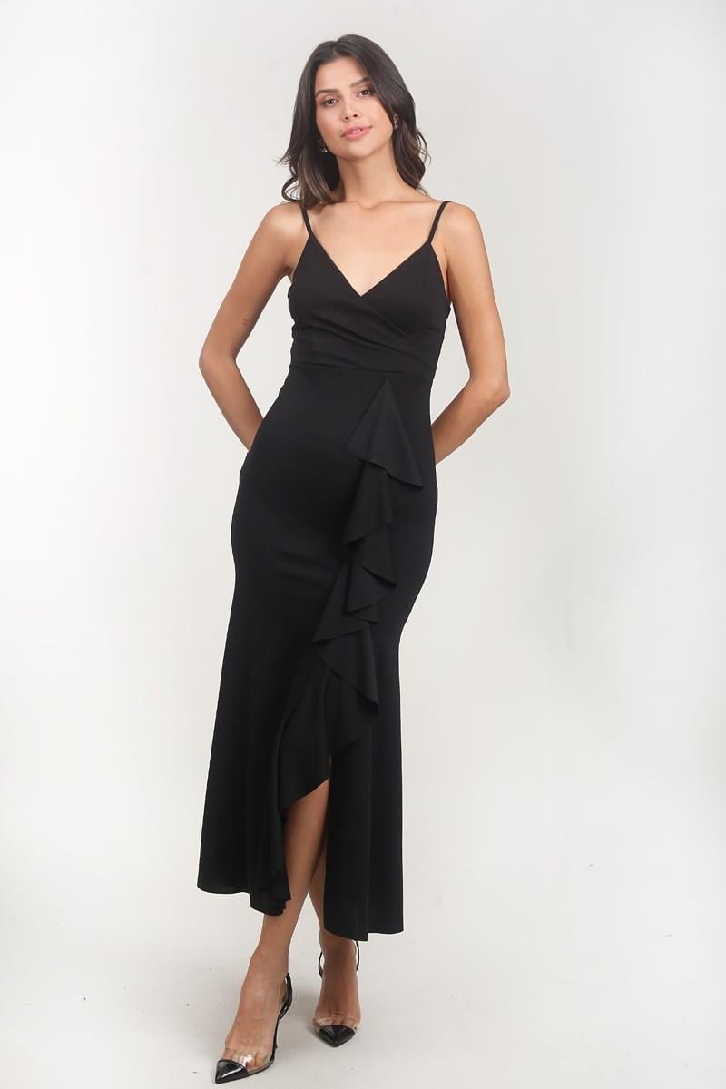 Amulia İnce Askılı Önü Fırfırlı Uzun Abiye Elbise SİYAH