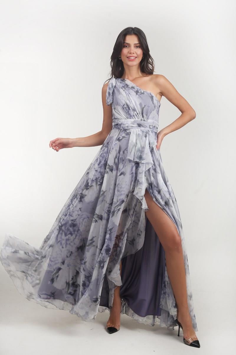 Andreina Tek Omuz Beli Drapeli Fırfırlu Uzun Abiye Elbise İNDİGO