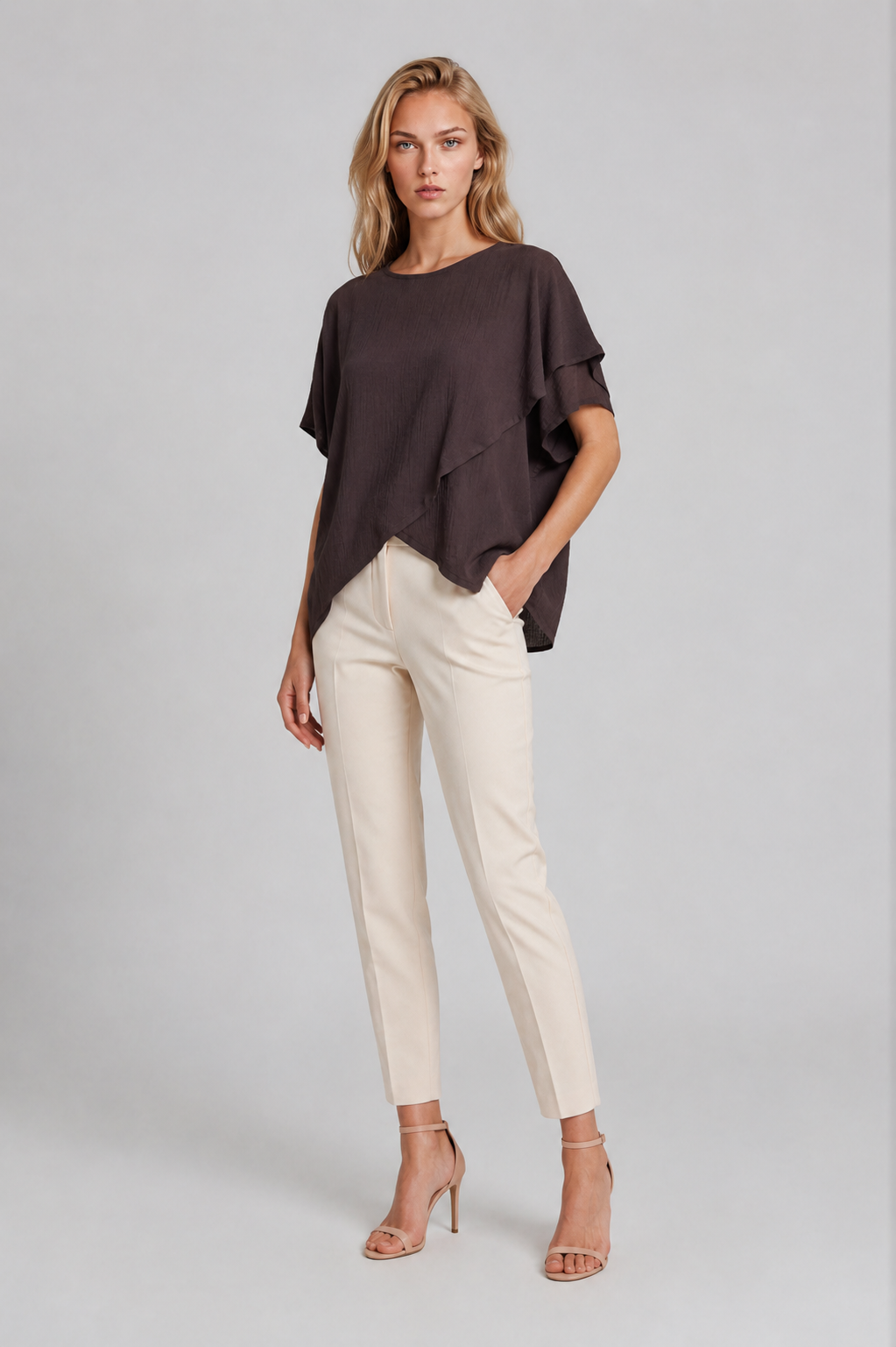 Asimetrik Kesim Kat Detaylı Oversize  Bluz KAHVE