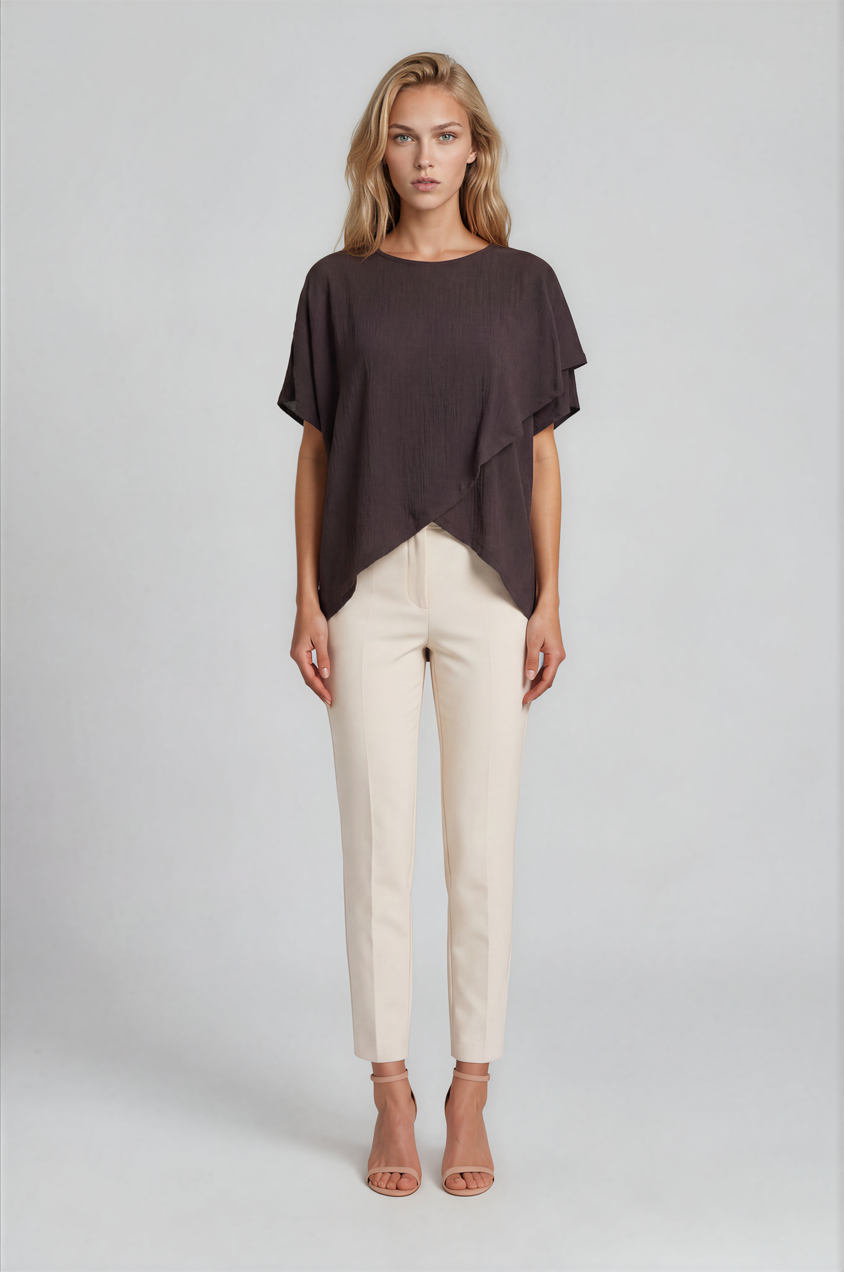 Asimetrik Kesim Kat Detaylı Oversize  Bluz KAHVE