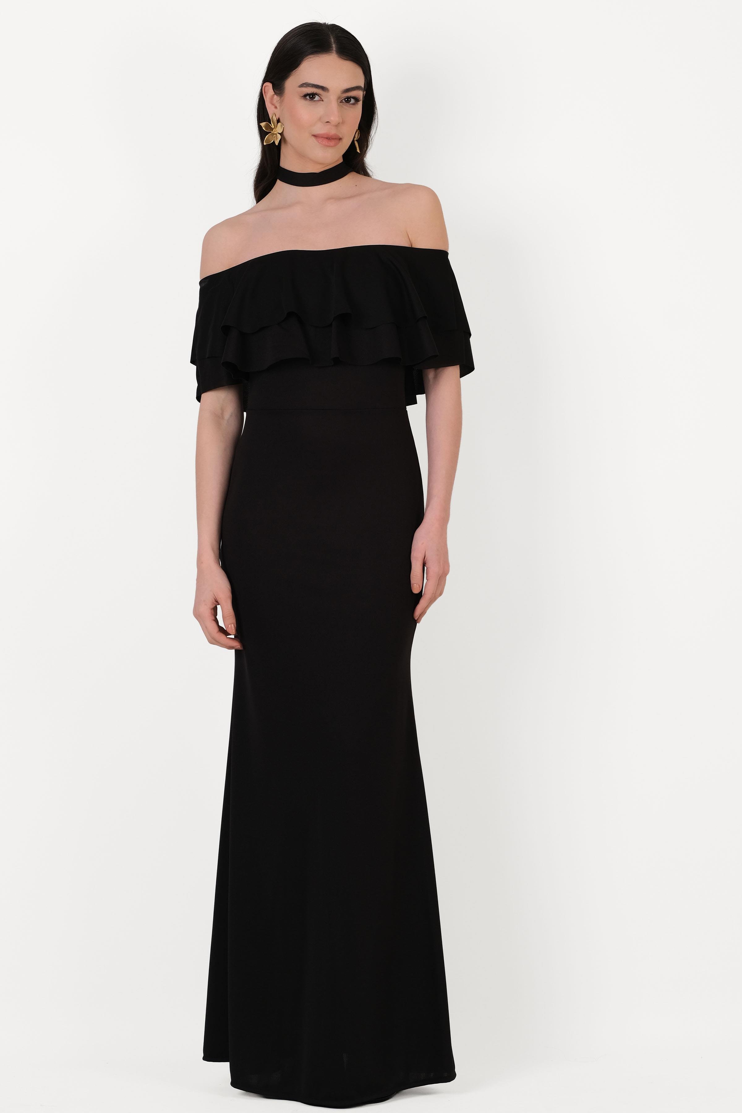 Bersiha Boyundan Bağlı Yaka Fırfırlı Uzun Abiye Elbise SİYAH