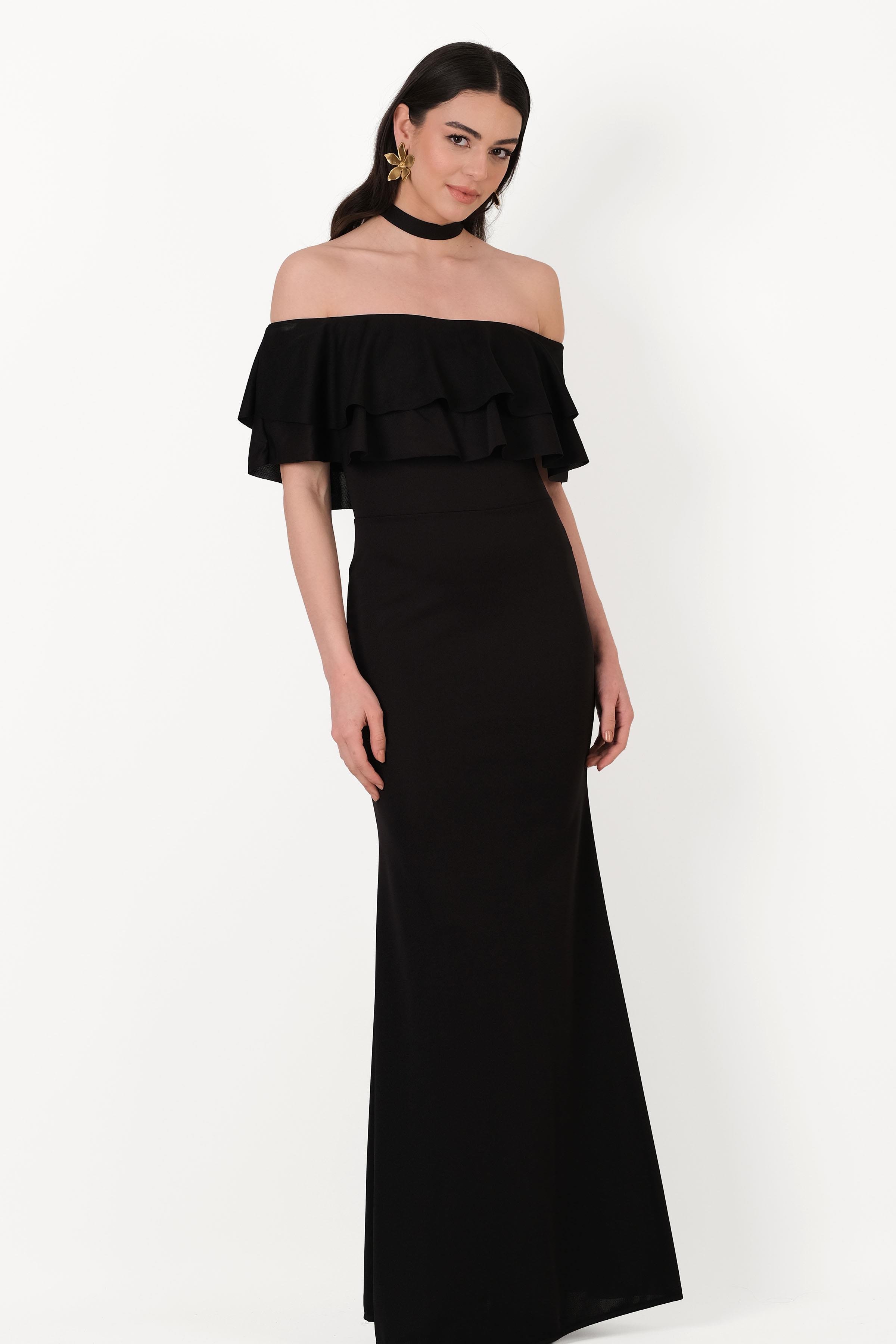 Bersiha Boyundan Bağlı Yaka Fırfırlı Uzun Abiye Elbise SİYAH