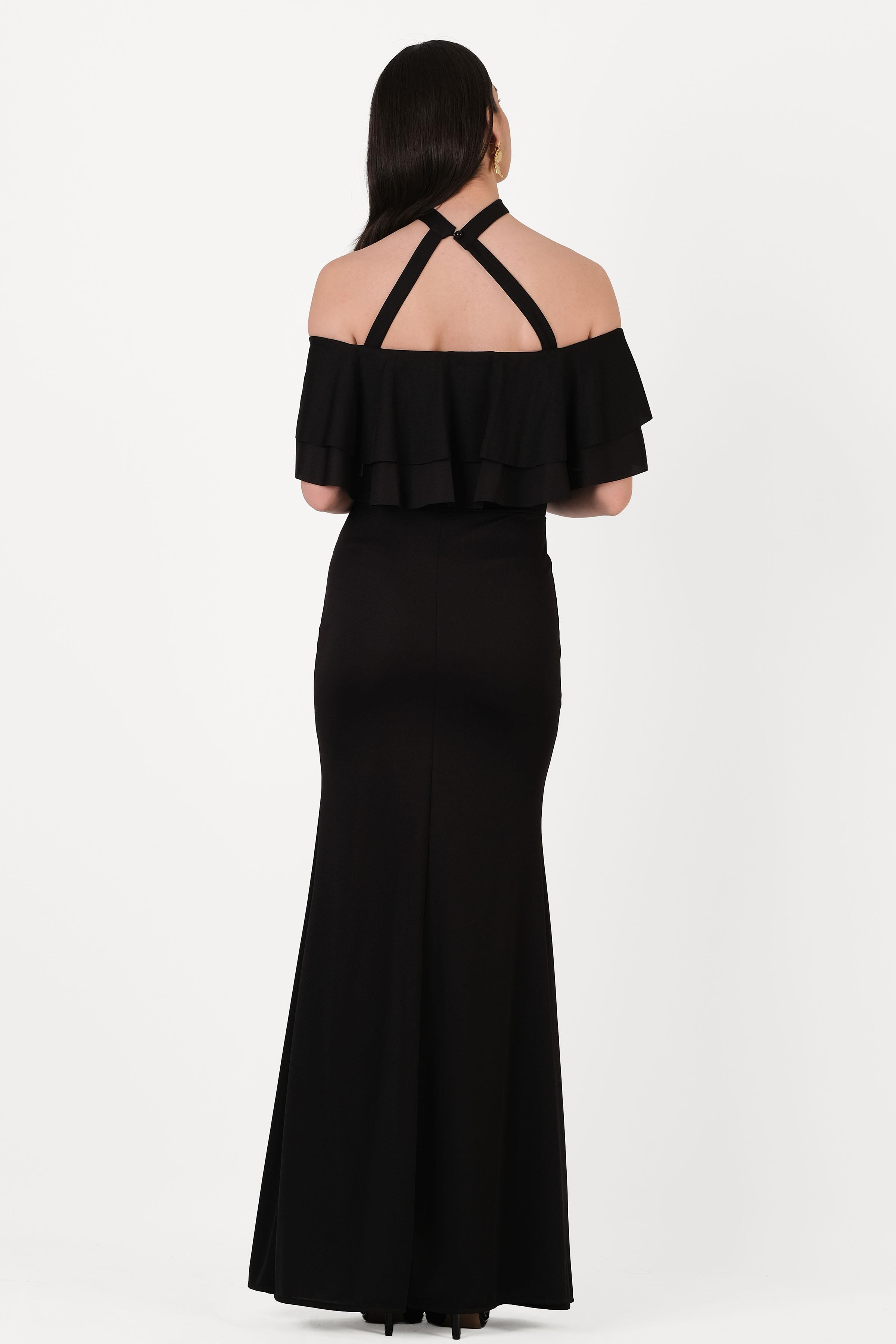 Bersiha Boyundan Bağlı Yaka Fırfırlı Uzun Abiye Elbise SİYAH