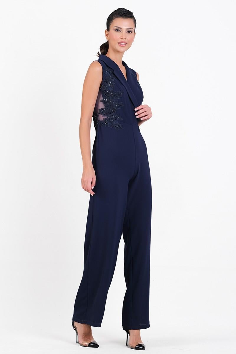 Borrego Kruvaze Yaka Aplike İşlemeli Abiye Tulum LACİVERT