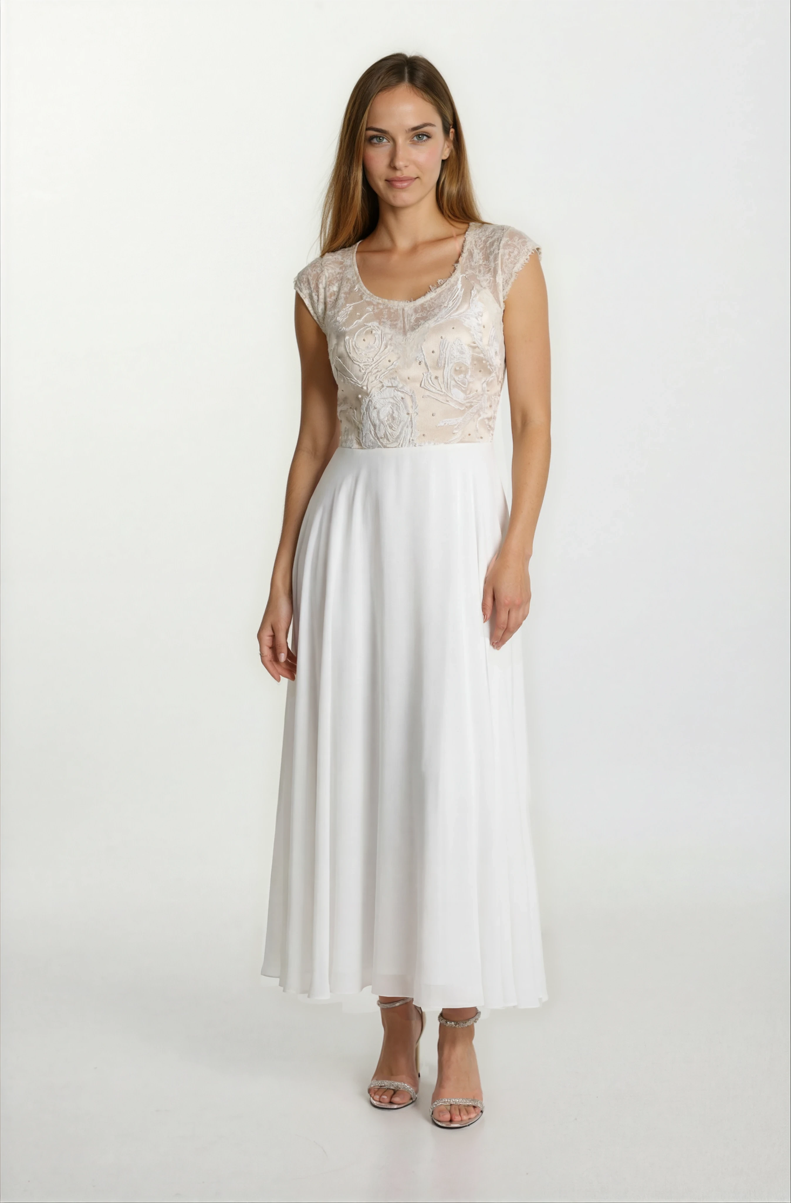 Boyel Şifon Uzun Abiye Elbise BEYAZ