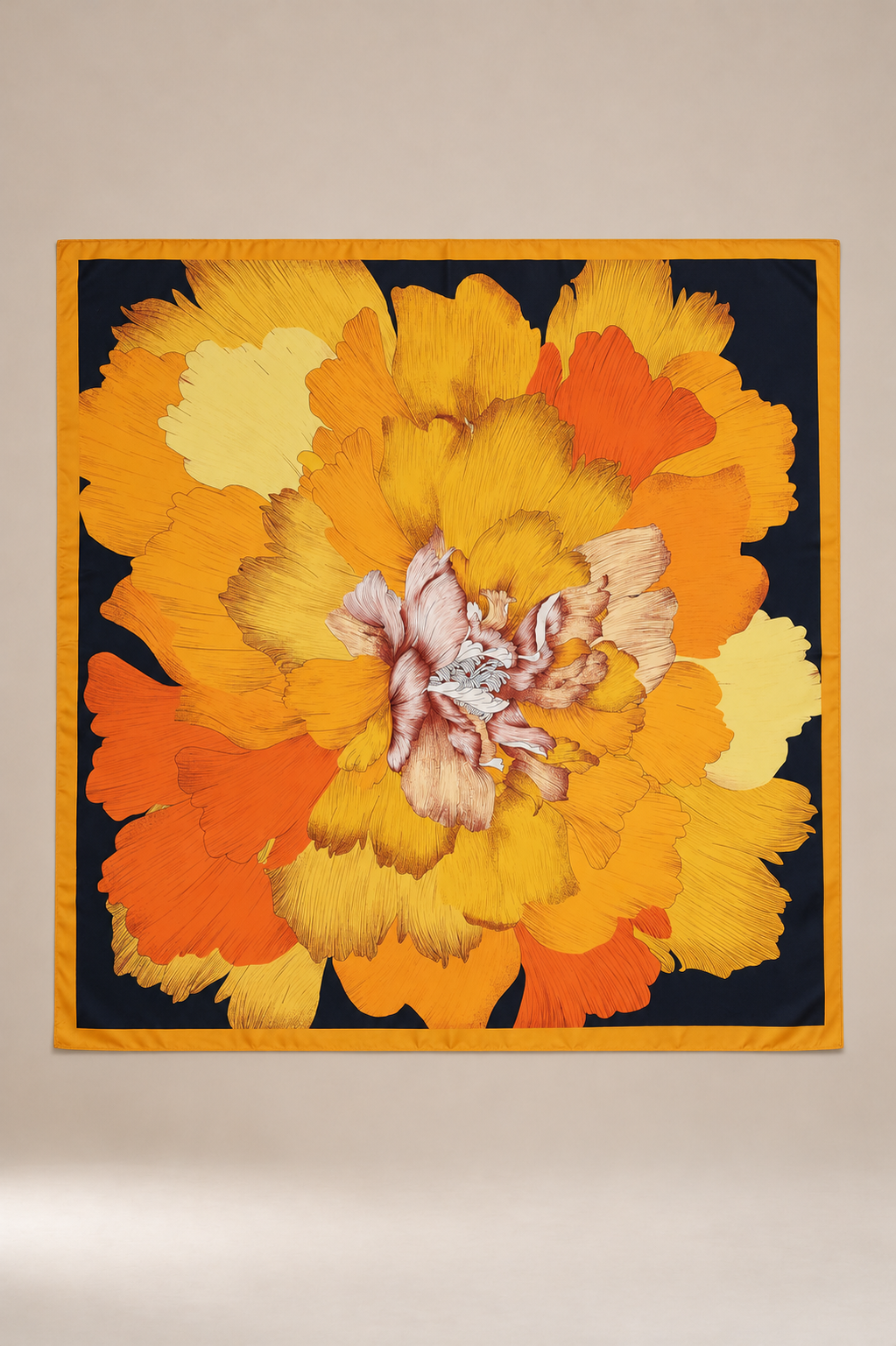 Büyük Çiçek Desenli Çerçeve Bordürlü Şal 110 x 110 cm ORANJ