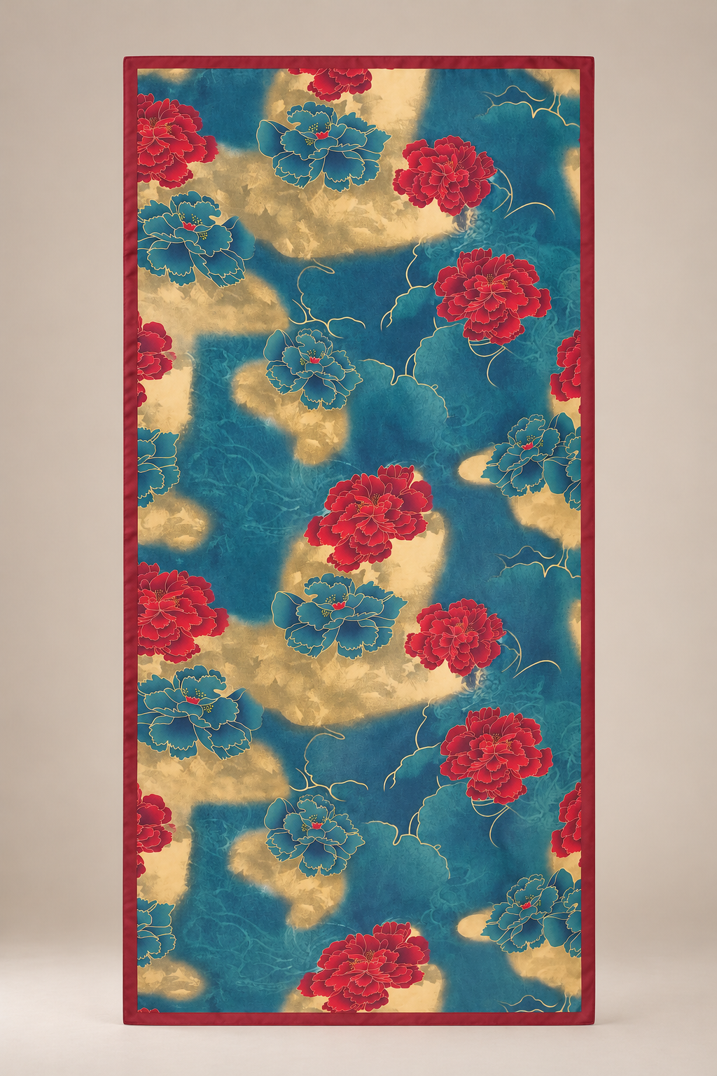 Büyük Çiçekli Çerçve Bordürlüi Şal 180 x 85 cm PETROL