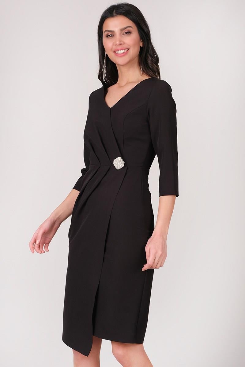 Cannata Pileli V Yaka Kısa Abiye Elbise SİYAH