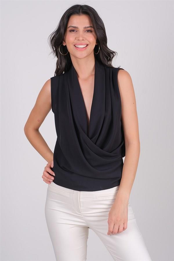 Caso Omuzlar Pileli Kolsuz Şal Yaka Bluz SİYAH