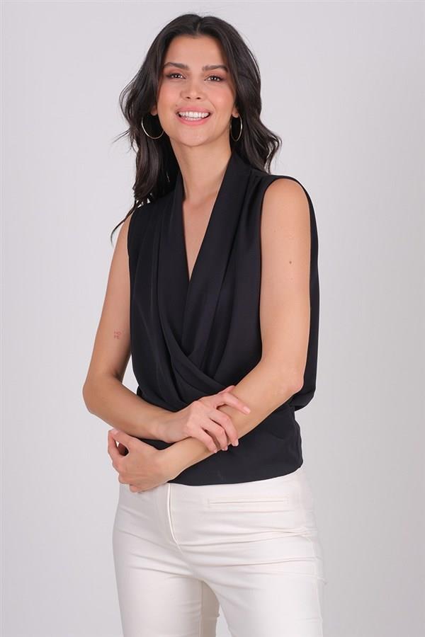 Caso Omuzlar Pileli Kolsuz Şal Yaka Bluz SİYAH